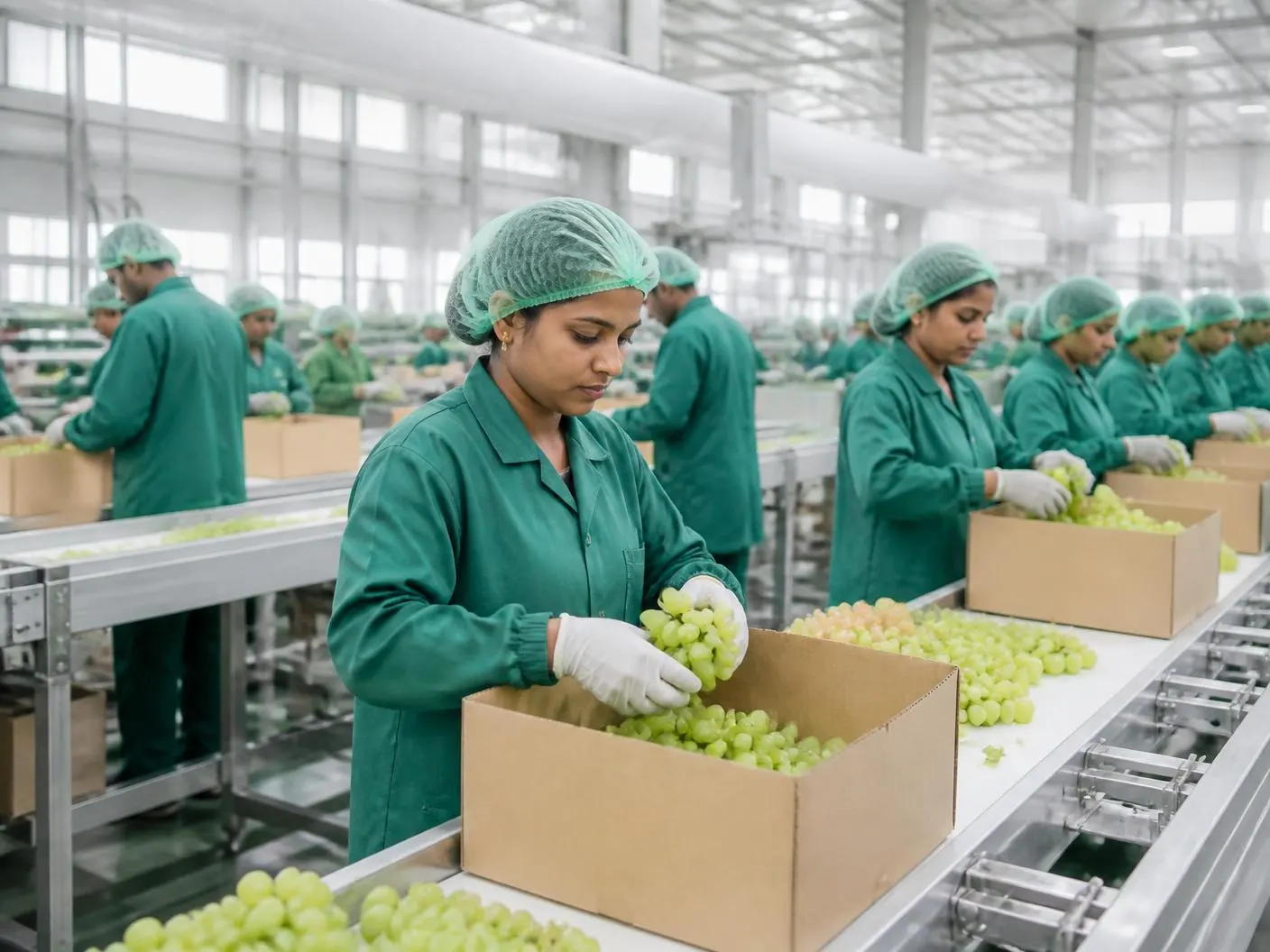 Workers grading and packing fresh grapes inside a Neelay Agro packhouse
