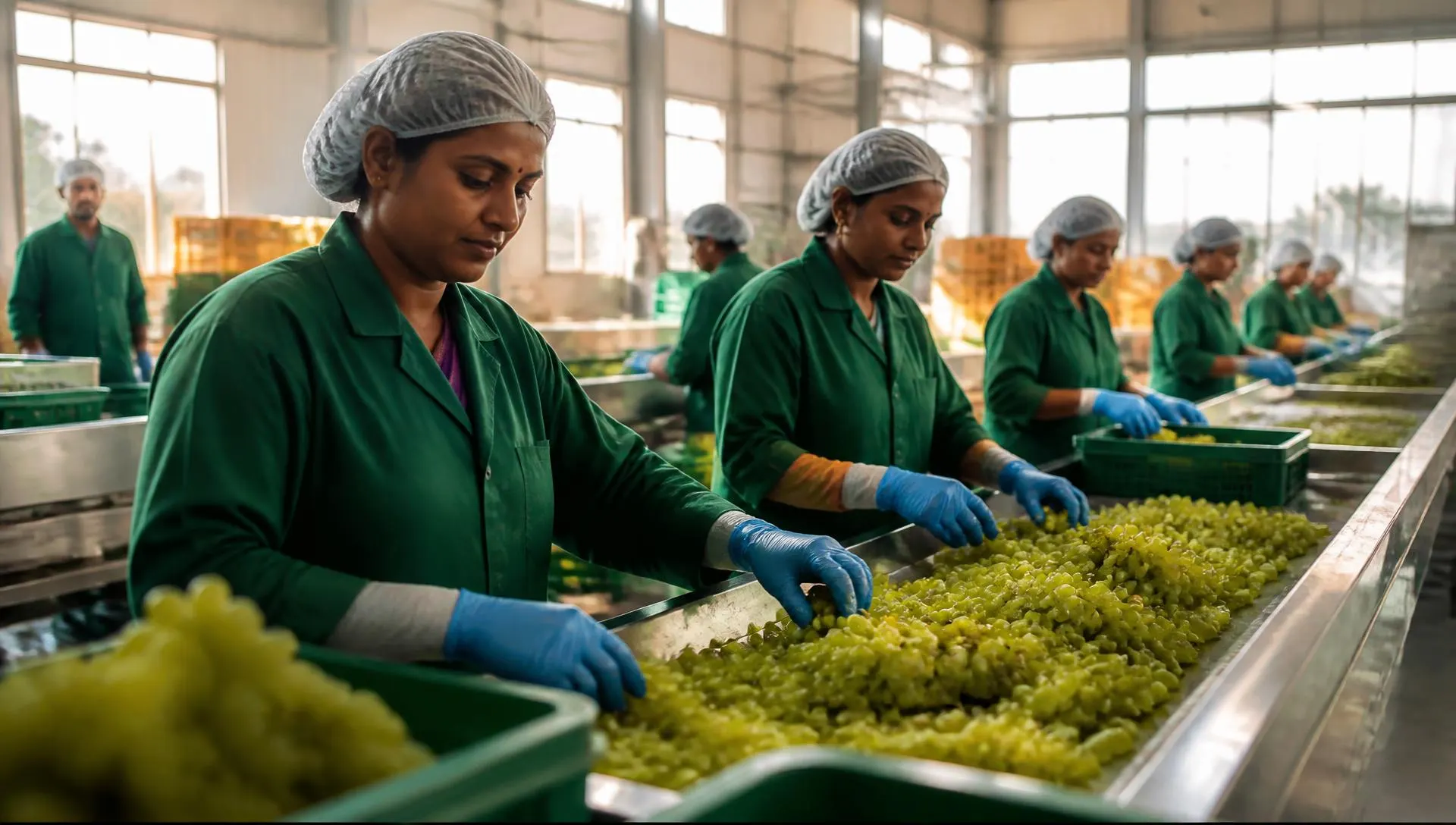 Pack house team in uniforms and hairnets grading fresh grapes along a stainless steel line