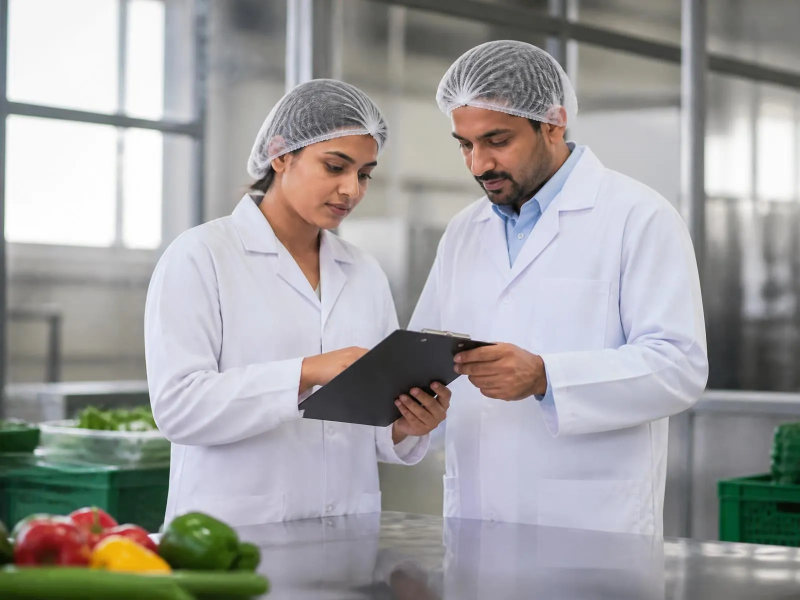 Two quality assurance staff in white coats reviewing produce specifications in a food processing facility