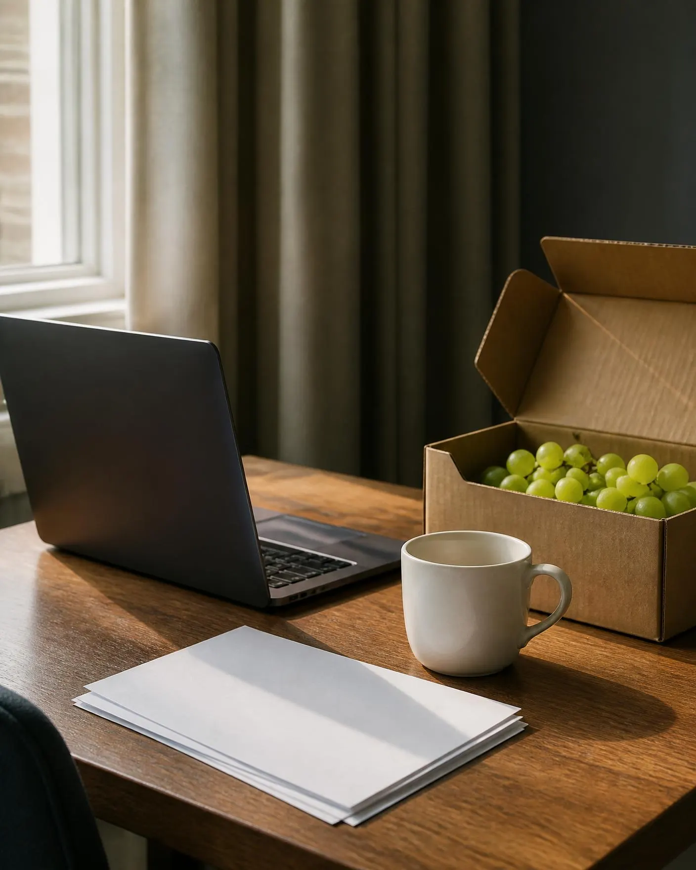 Export desk with a laptop, specification papers and a carton of fresh green grapes