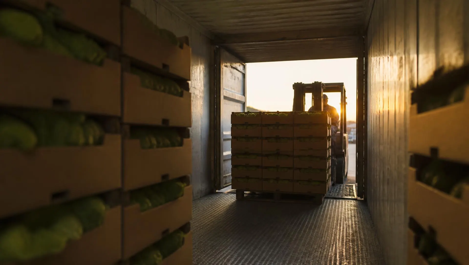 Pallets of fresh produce cartons being loaded into a refrigerated export container at sunset