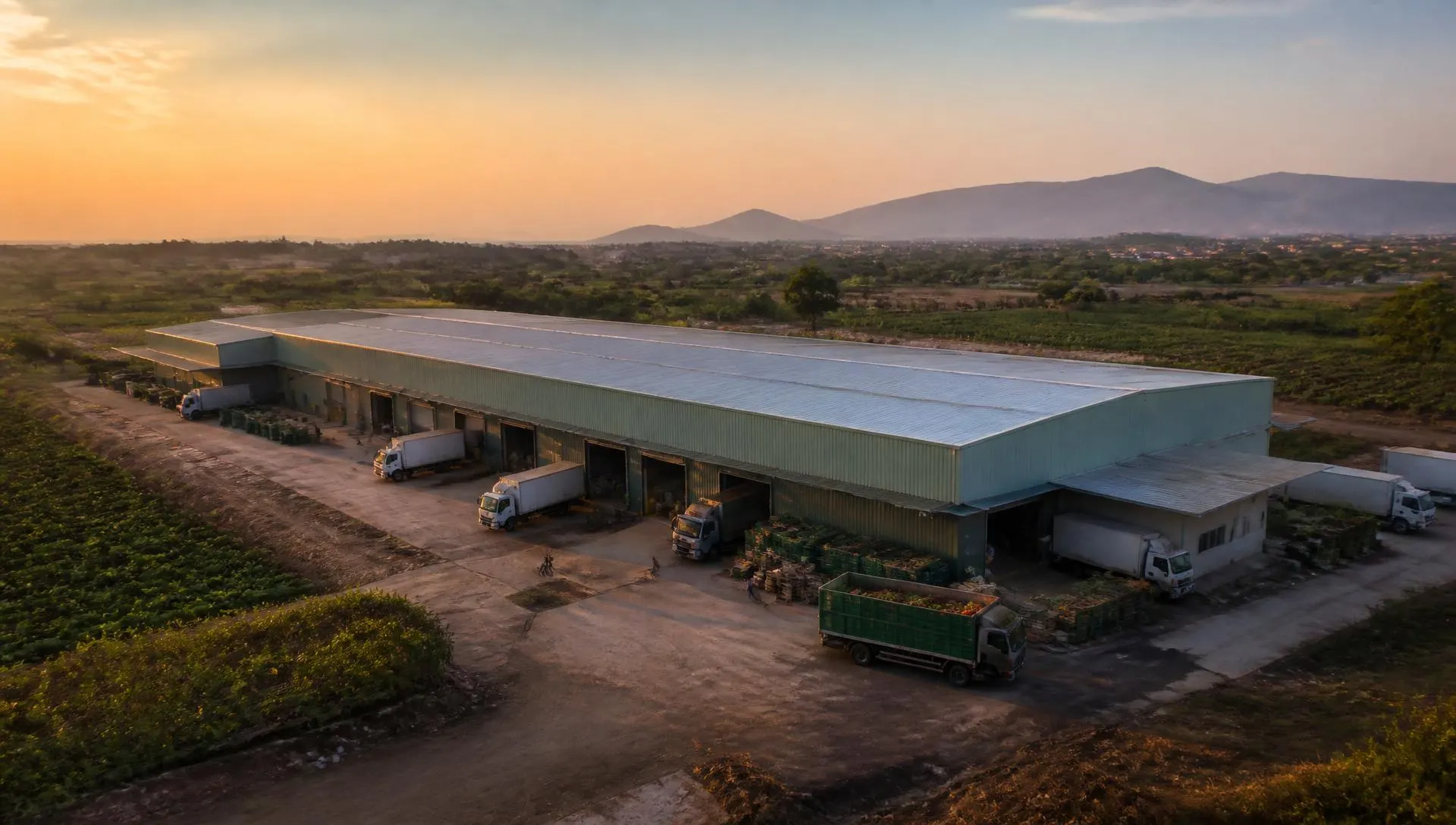 Aerial view of the Neelay Agro fresh produce packhouse and loading bays in rural Nashik at sunrise