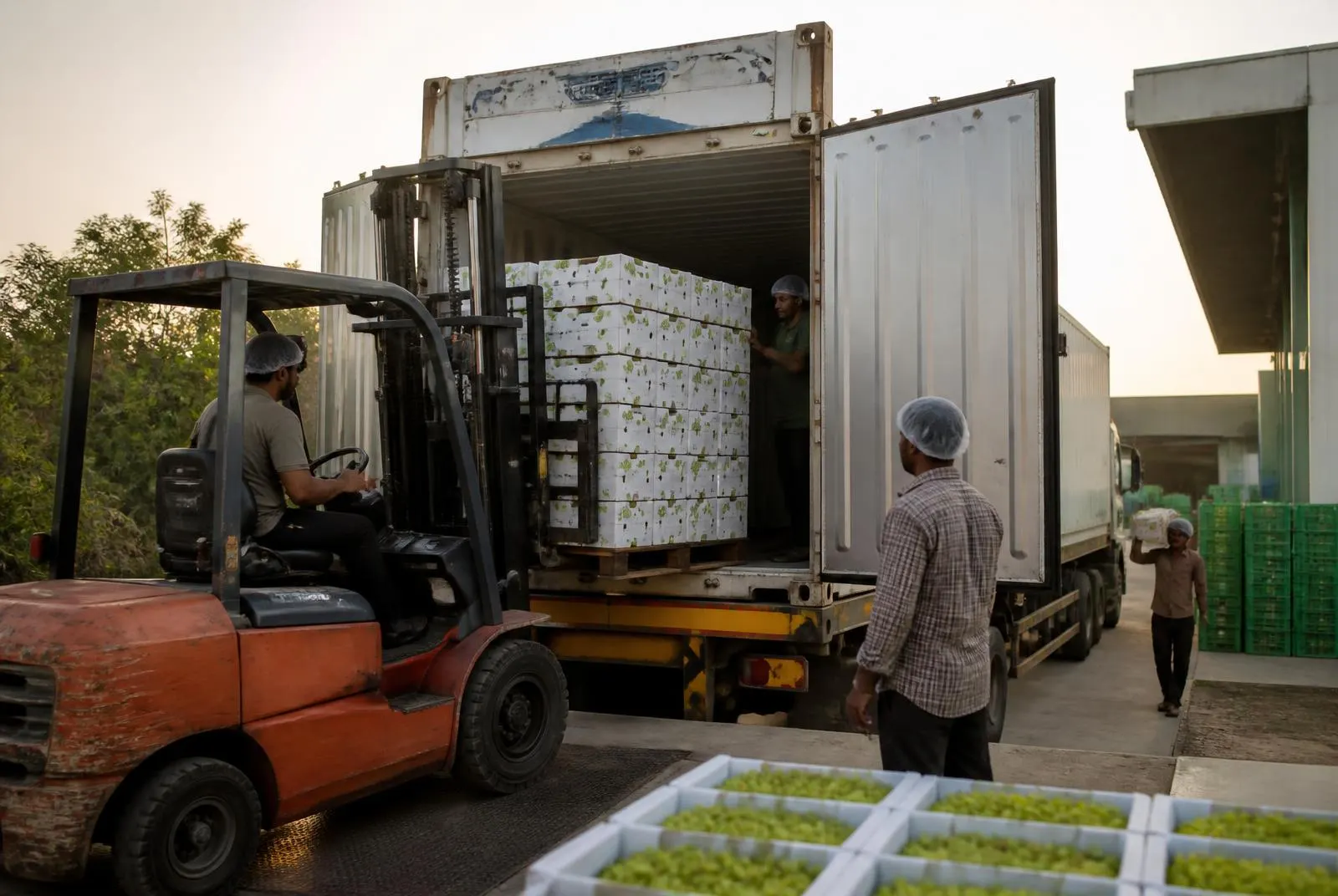 A refrigerated container being loaded with pallets of boxed grapes at the packhouse dock