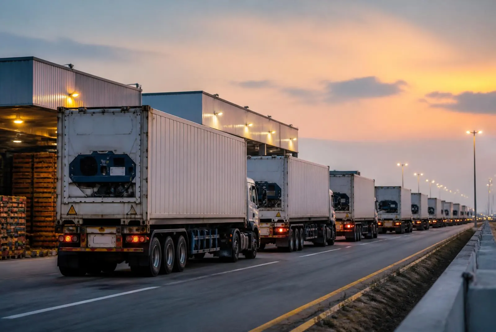Refrigerated container trucks leaving the facility for the port