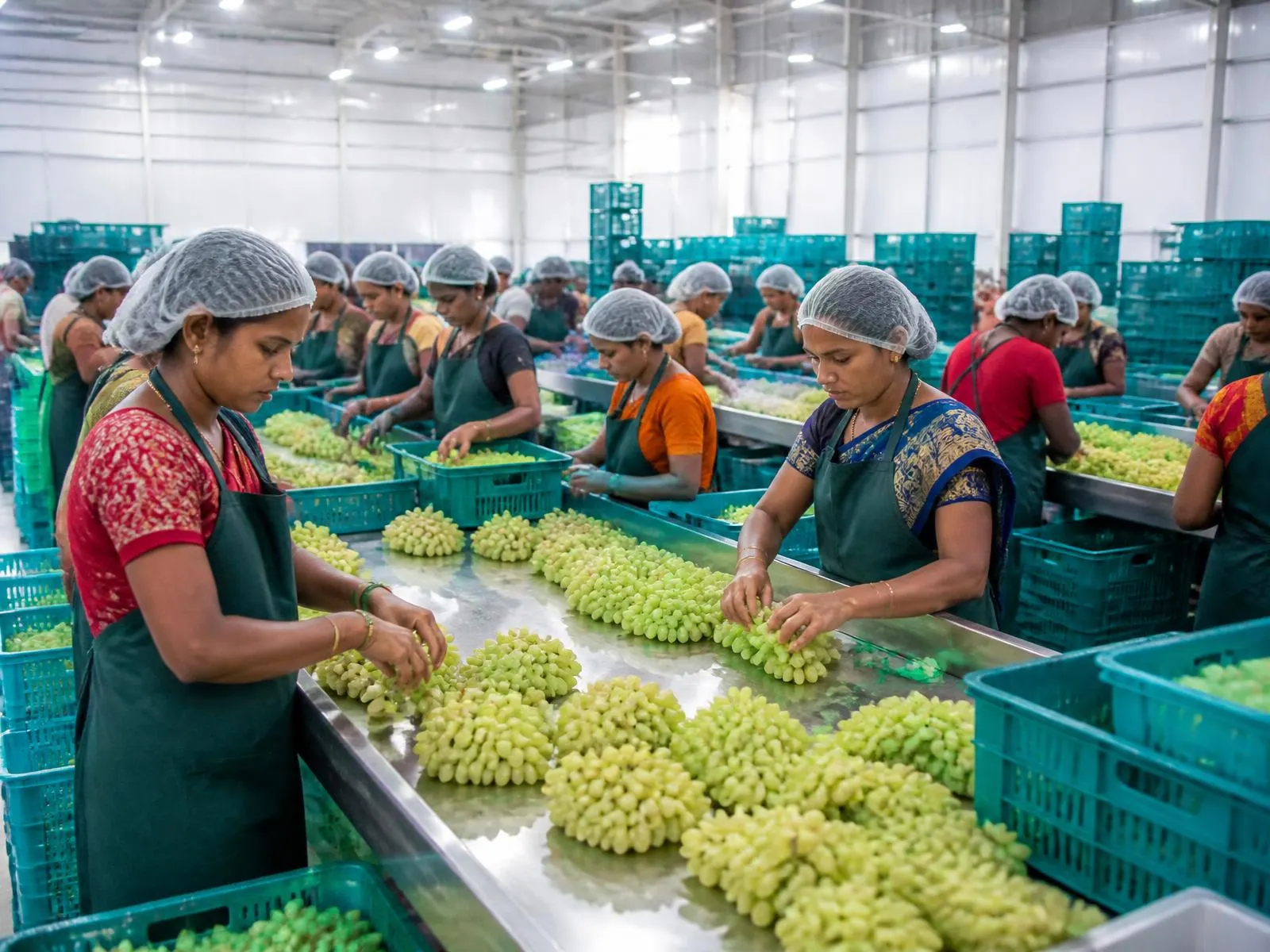 Workers in hairnets sorting and grading grapes on stainless steel tables inside the Neelay Agro pack house