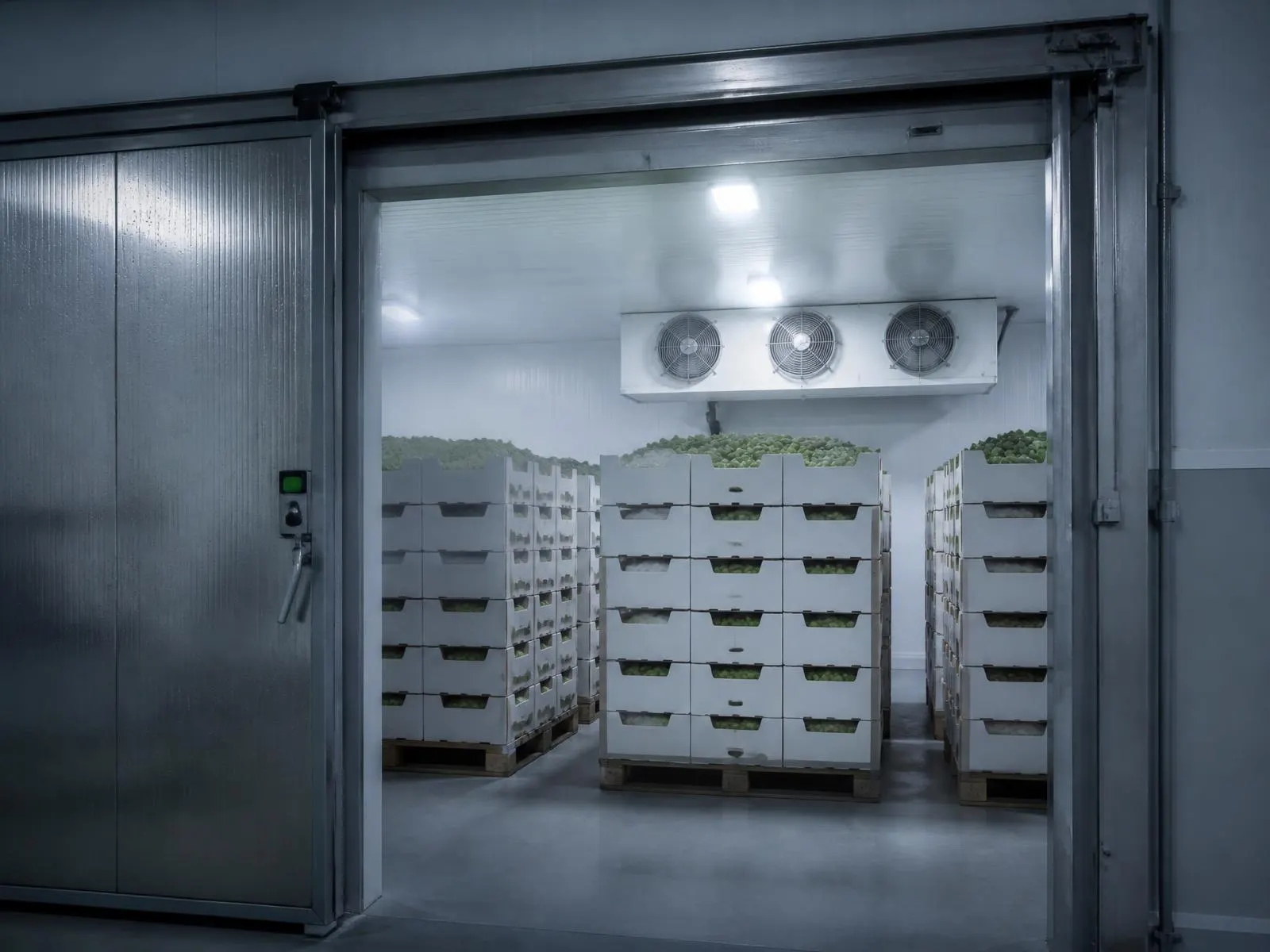 Pallets of boxed fresh produce inside a pre-cooling chamber with forced-air cooling fans