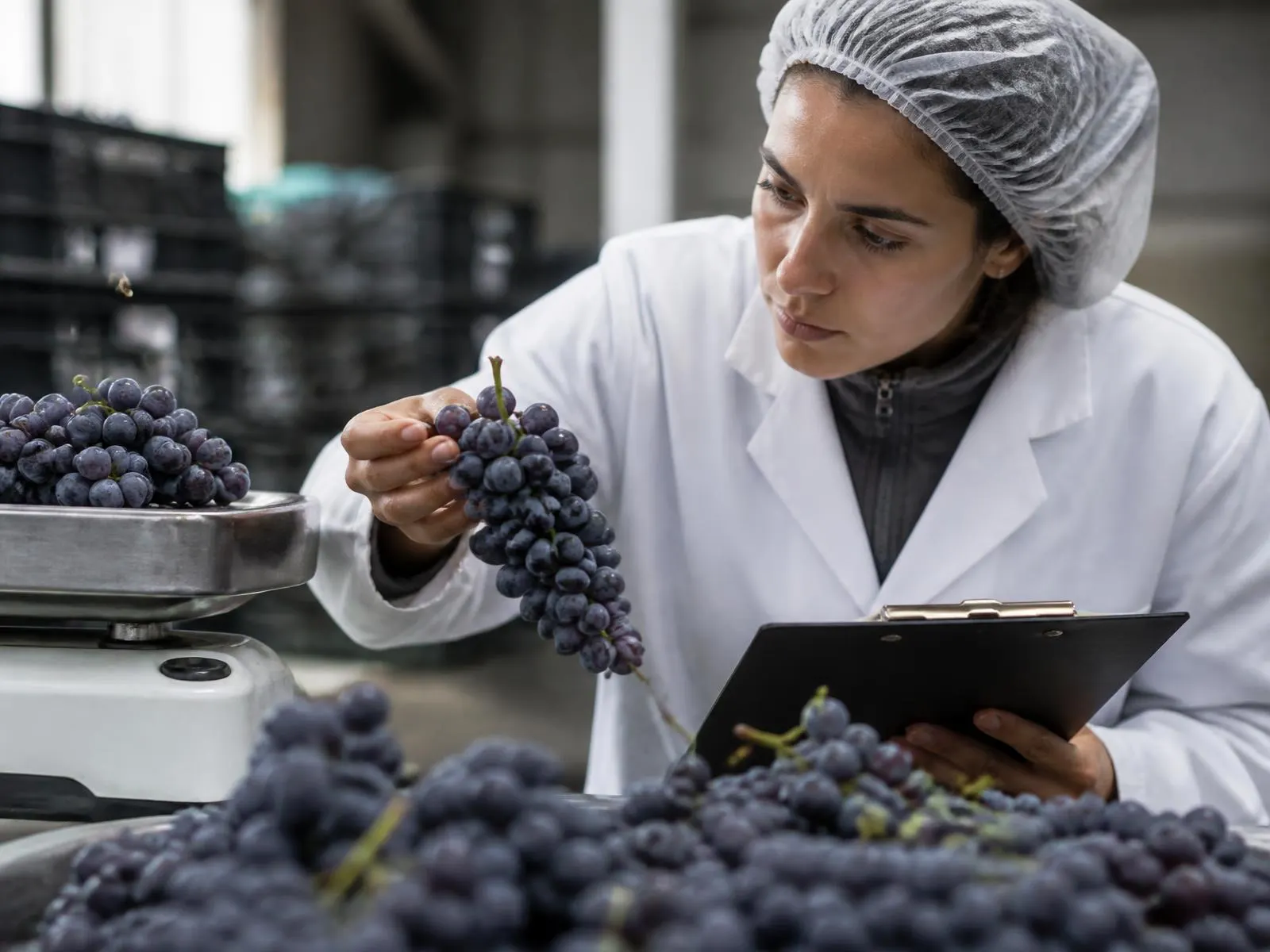 A quality control inspector in a white coat checking a bunch of grapes against a weighing scale