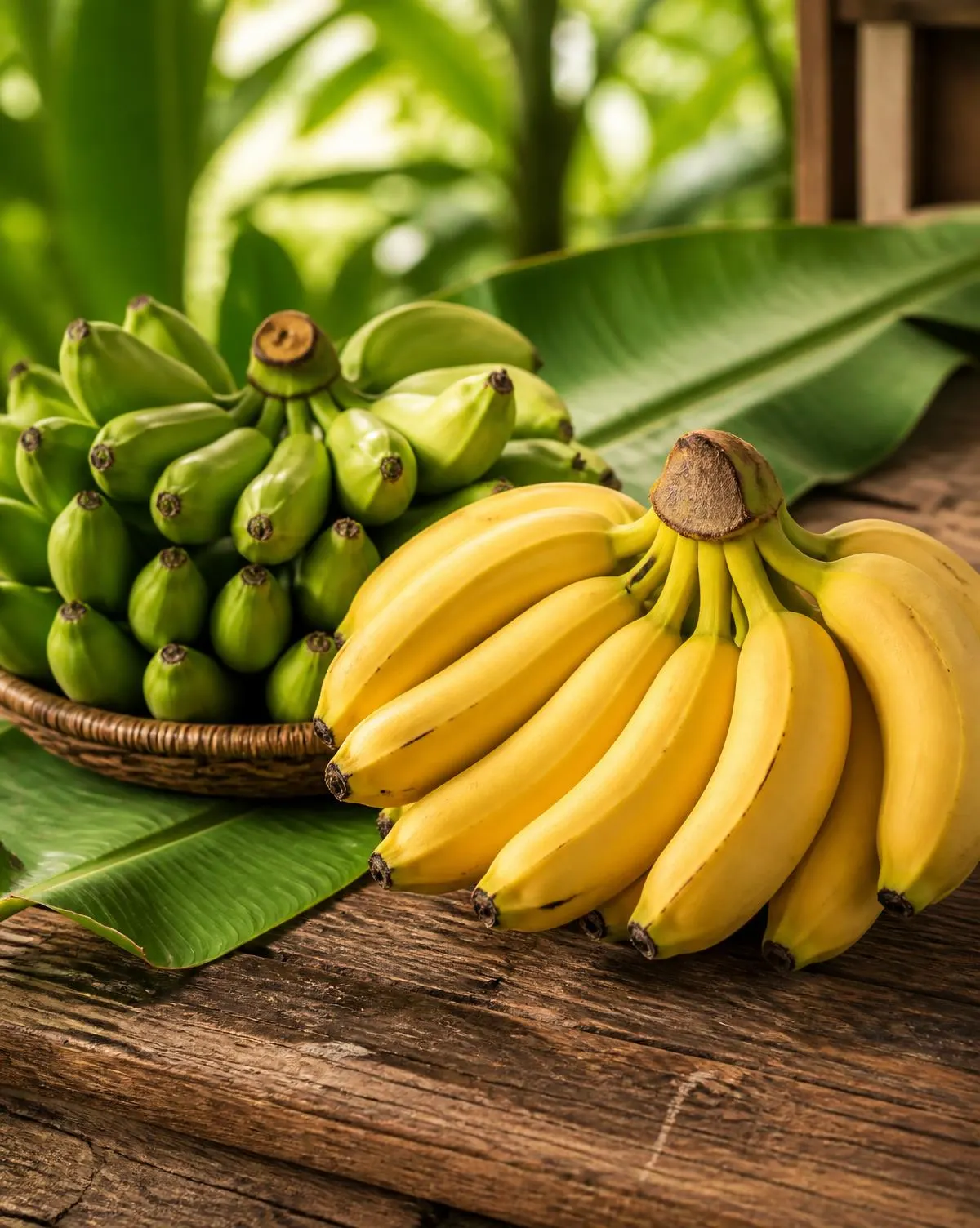 Green and ripe yellow bananas in bunches on banana leaves