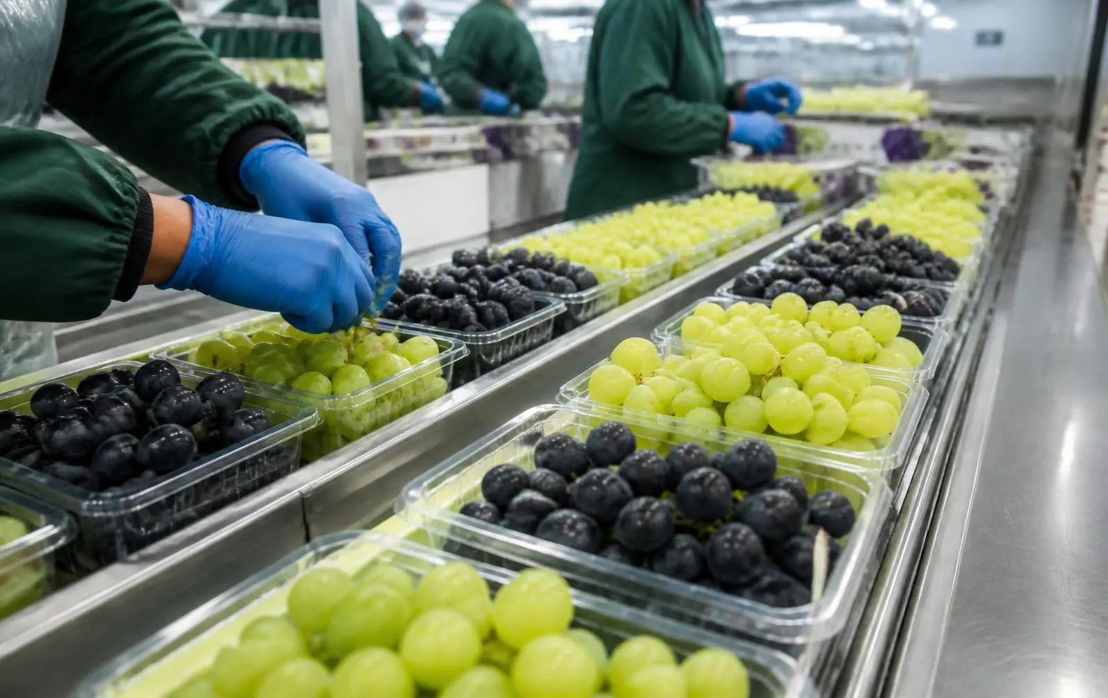 Punnets of green and black seedless grapes being graded on a packhouse line