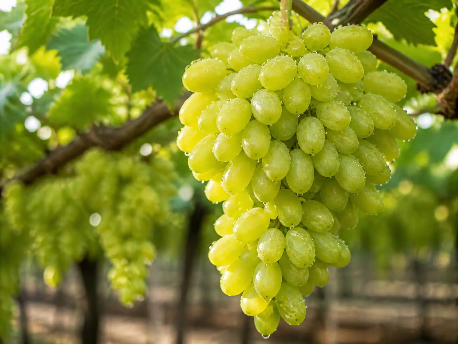 A heavy bunch of pale green Thompson Seedless table grapes hanging in a sunlit Nashik vineyard