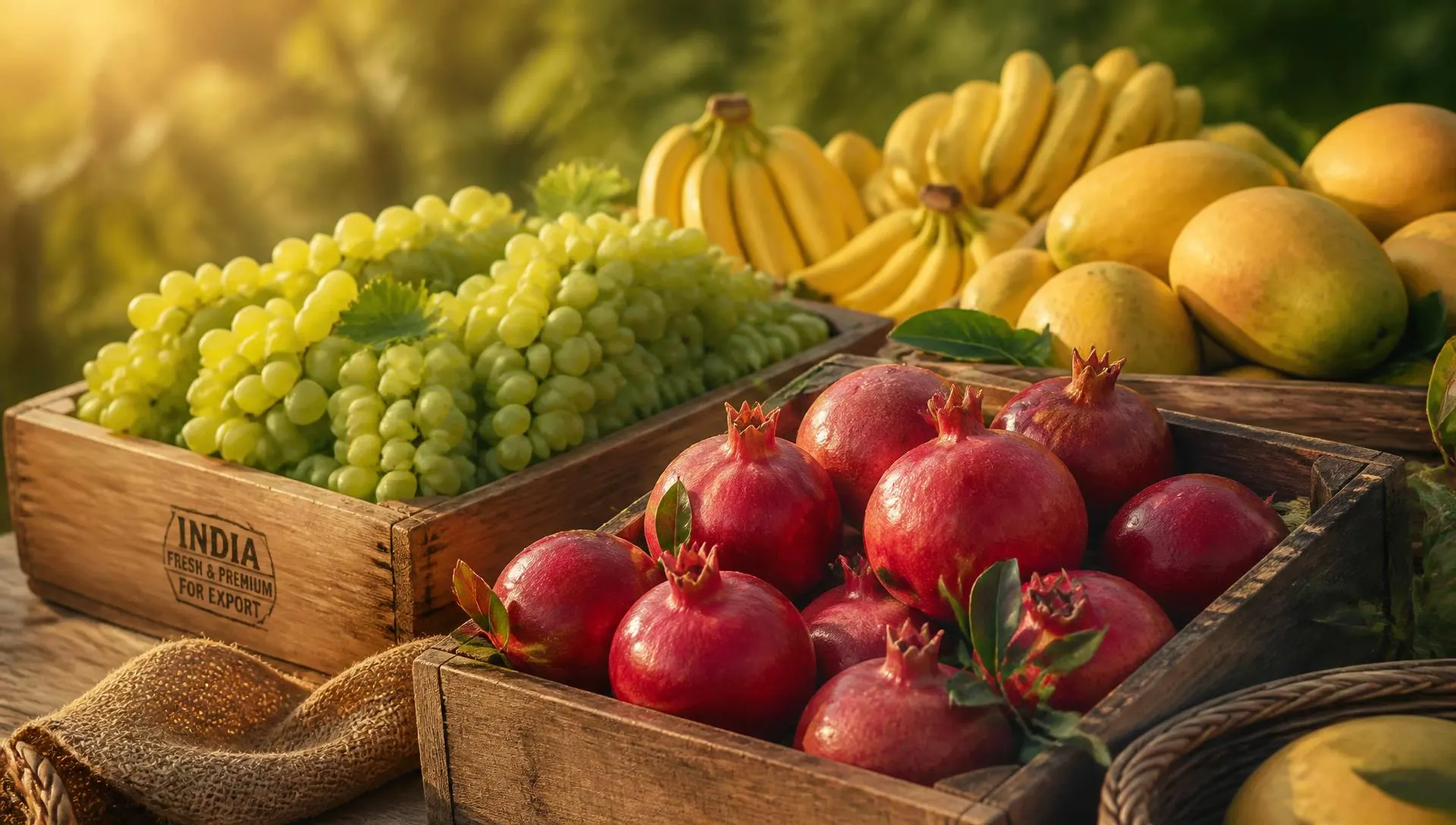 Crates of freshly harvested green table grapes, pomegranates, bananas and mangoes ready for export