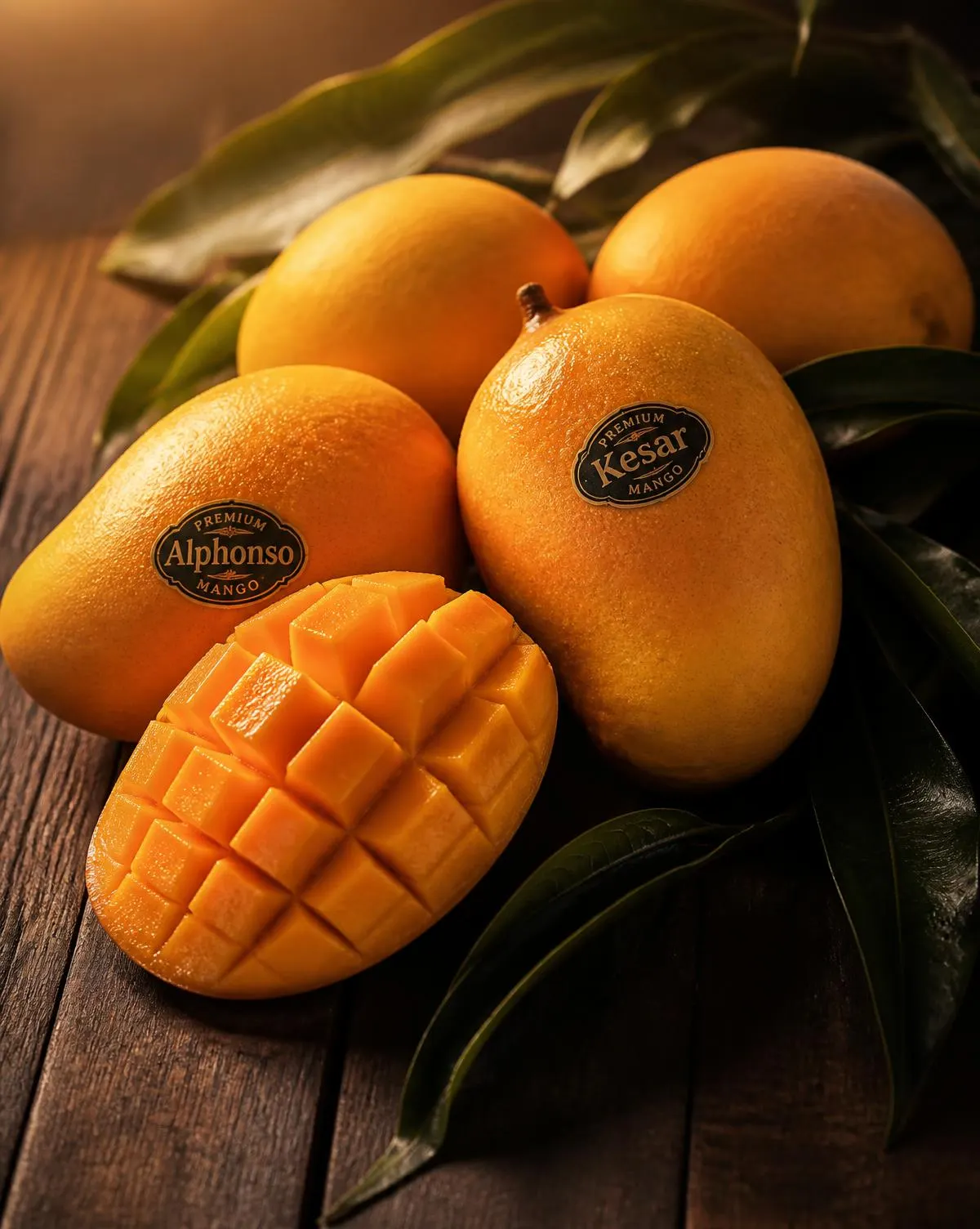 Ripe Indian Alphonso and Kesar mangoes with one sliced open showing saffron flesh