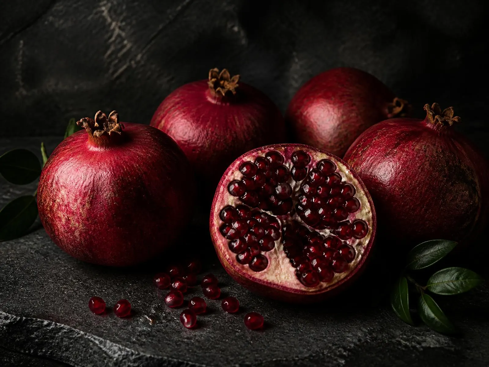 Dark red Indian pomegranates with one cut open showing ruby arils
