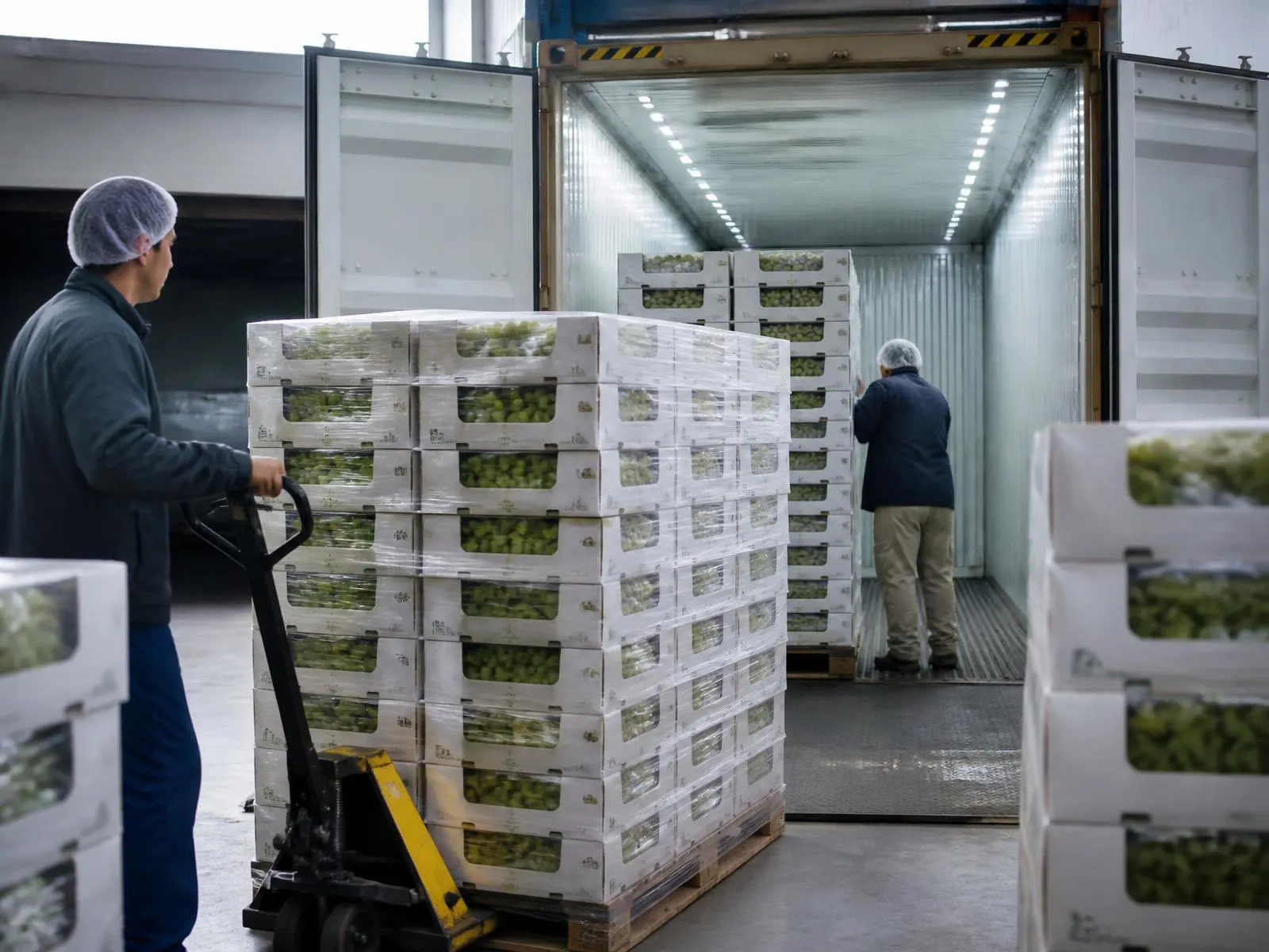 Pallets of boxed grapes being loaded into a refrigerated container at the packhouse dock