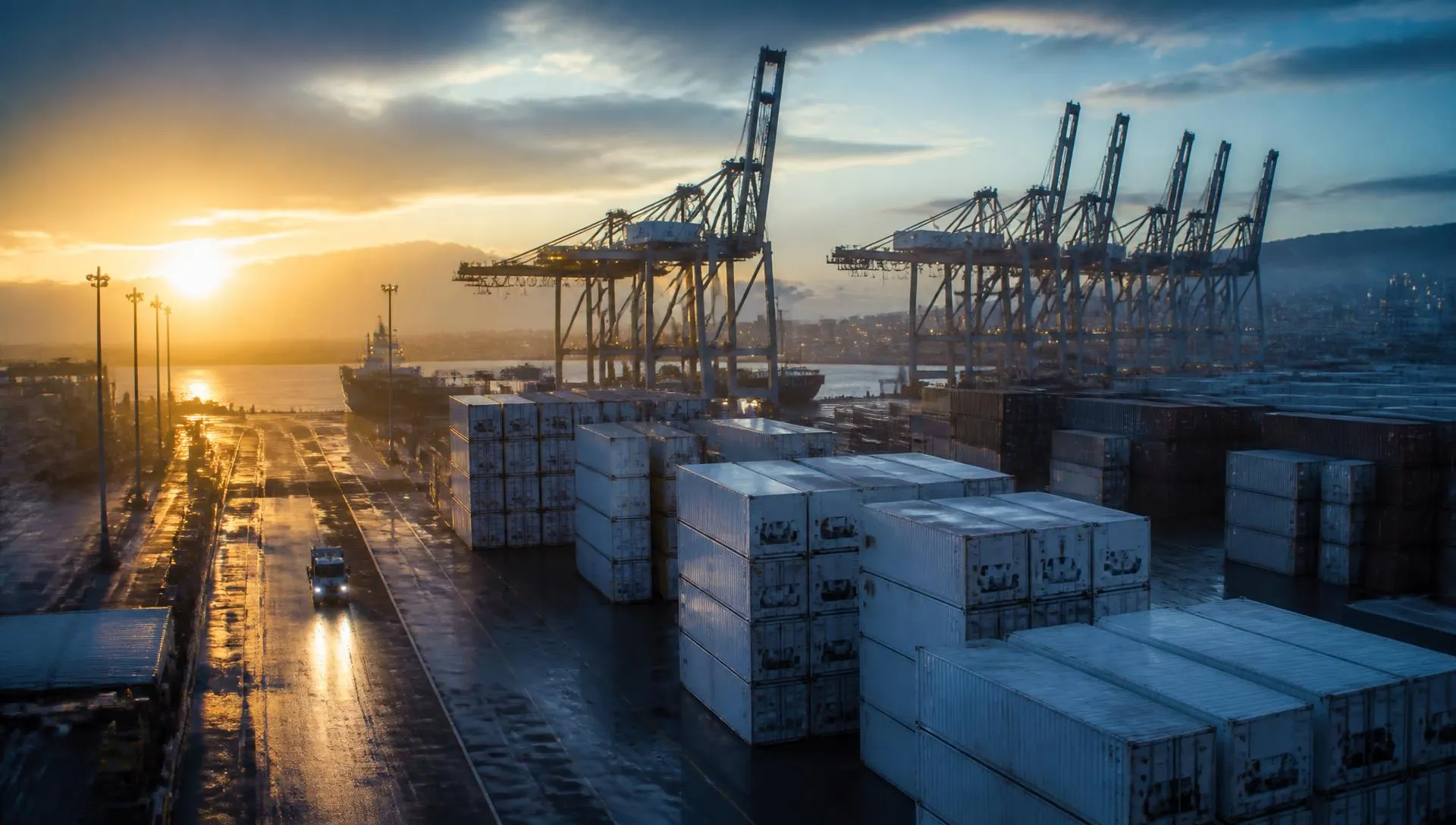 Refrigerated shipping containers and gantry cranes at a container port terminal at dawn