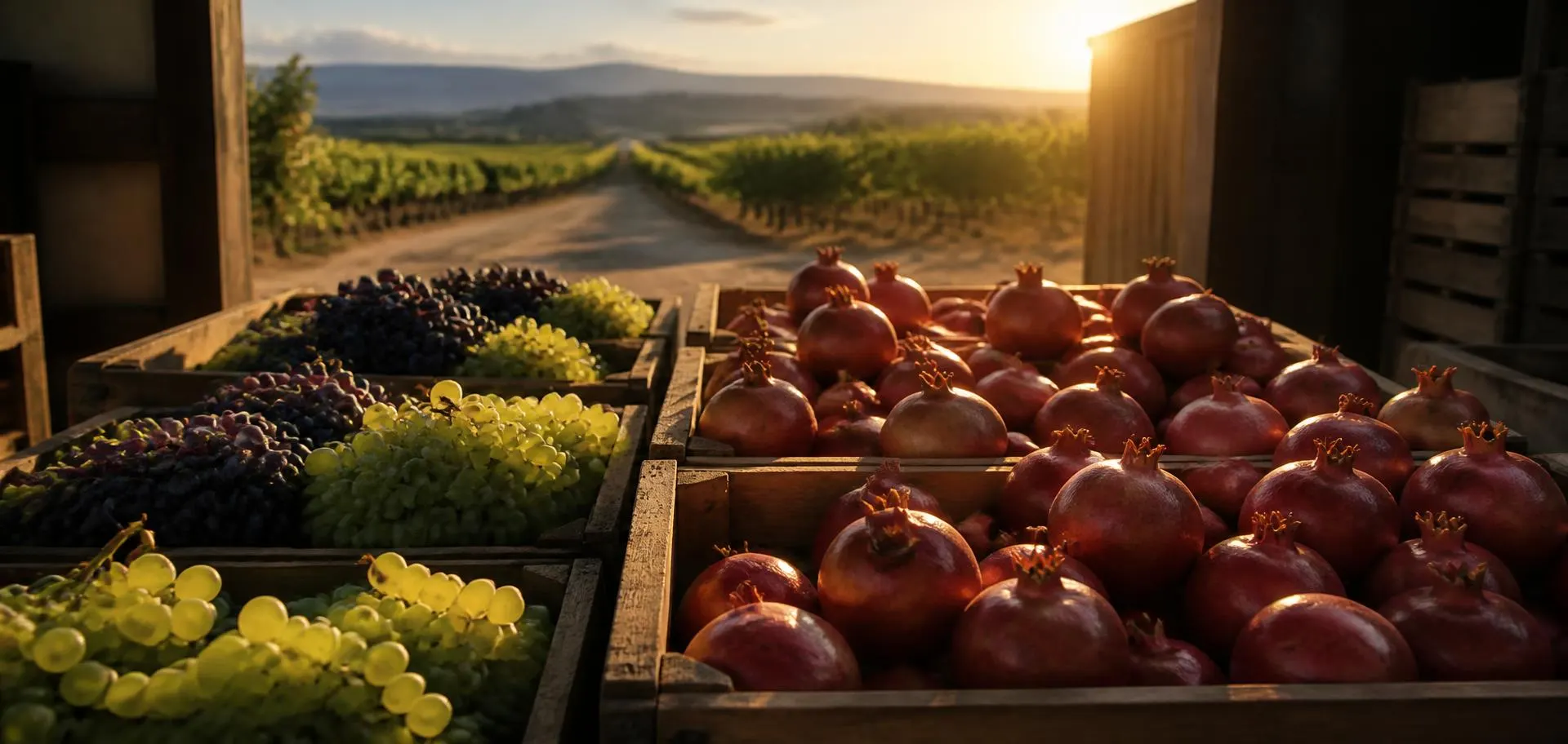 Crates of freshly packed grapes and pomegranates at a pack house doorway