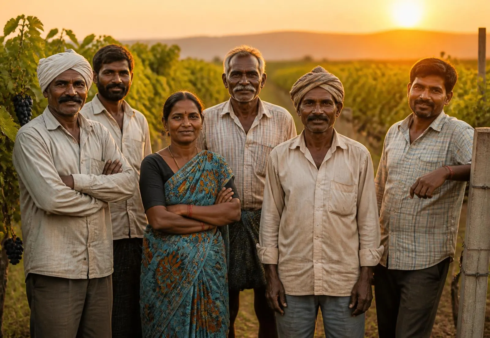 A group of Indian growers standing together in a vineyard at sunset