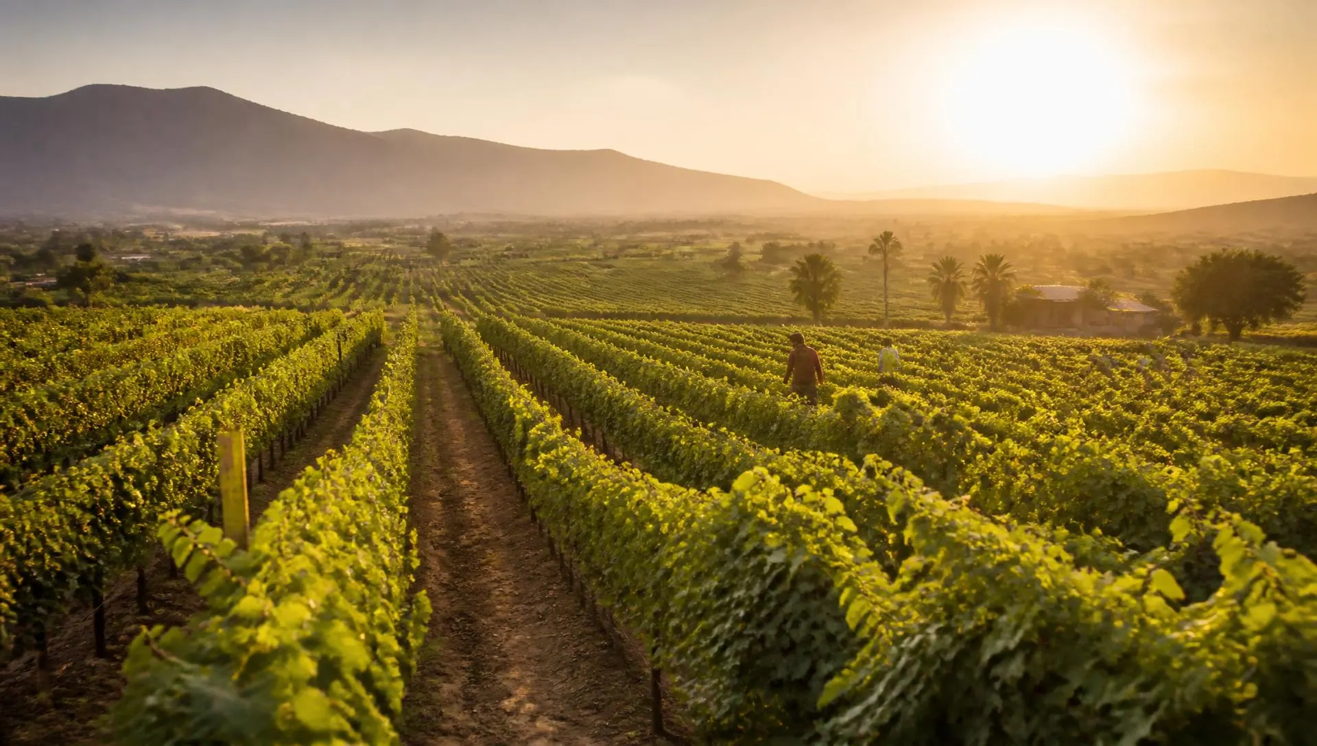 Vineyard rows on Indian farmland near Nashik at sunrise