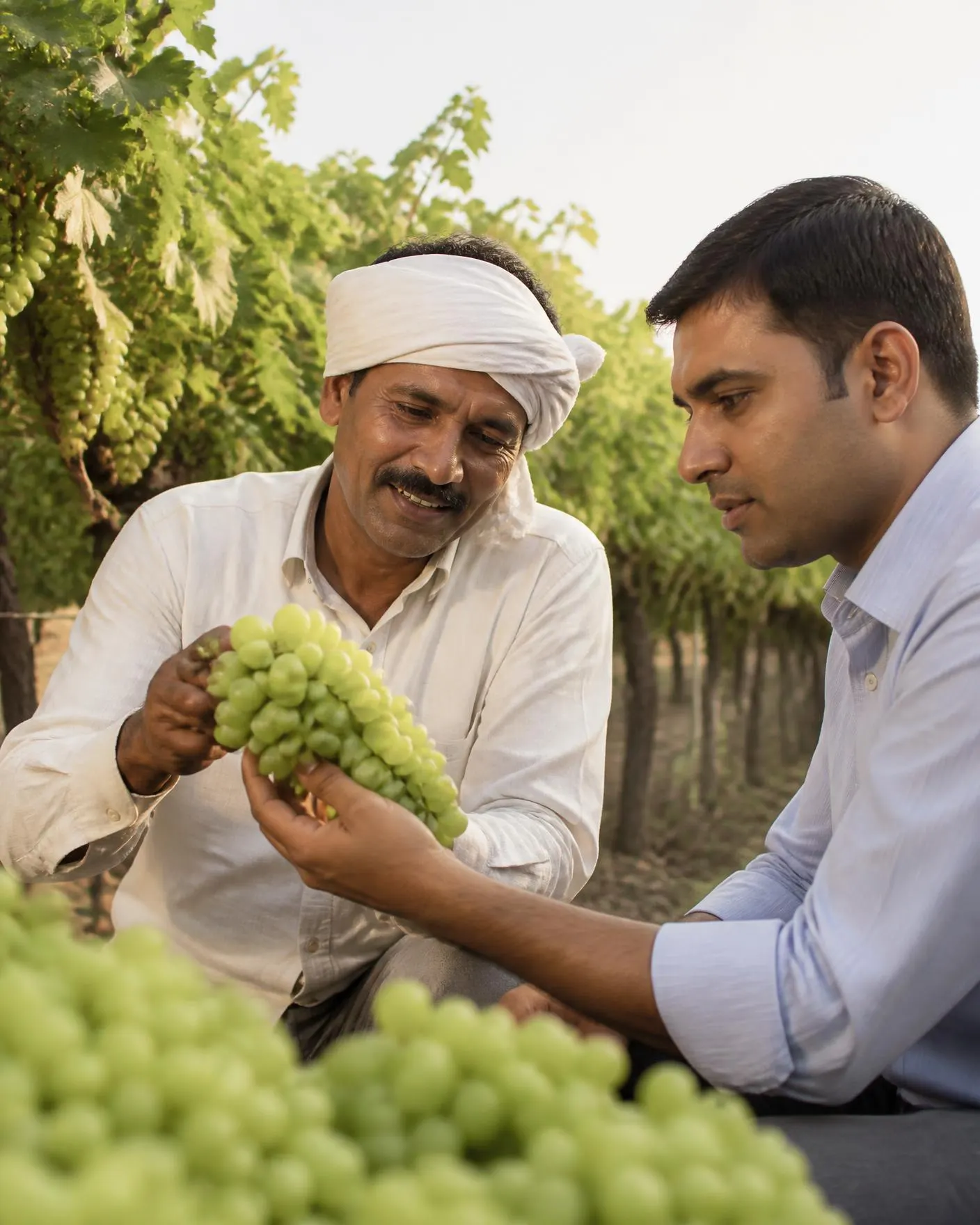 A grower and an agronomist inspecting a bunch of freshly picked grapes in a vineyard