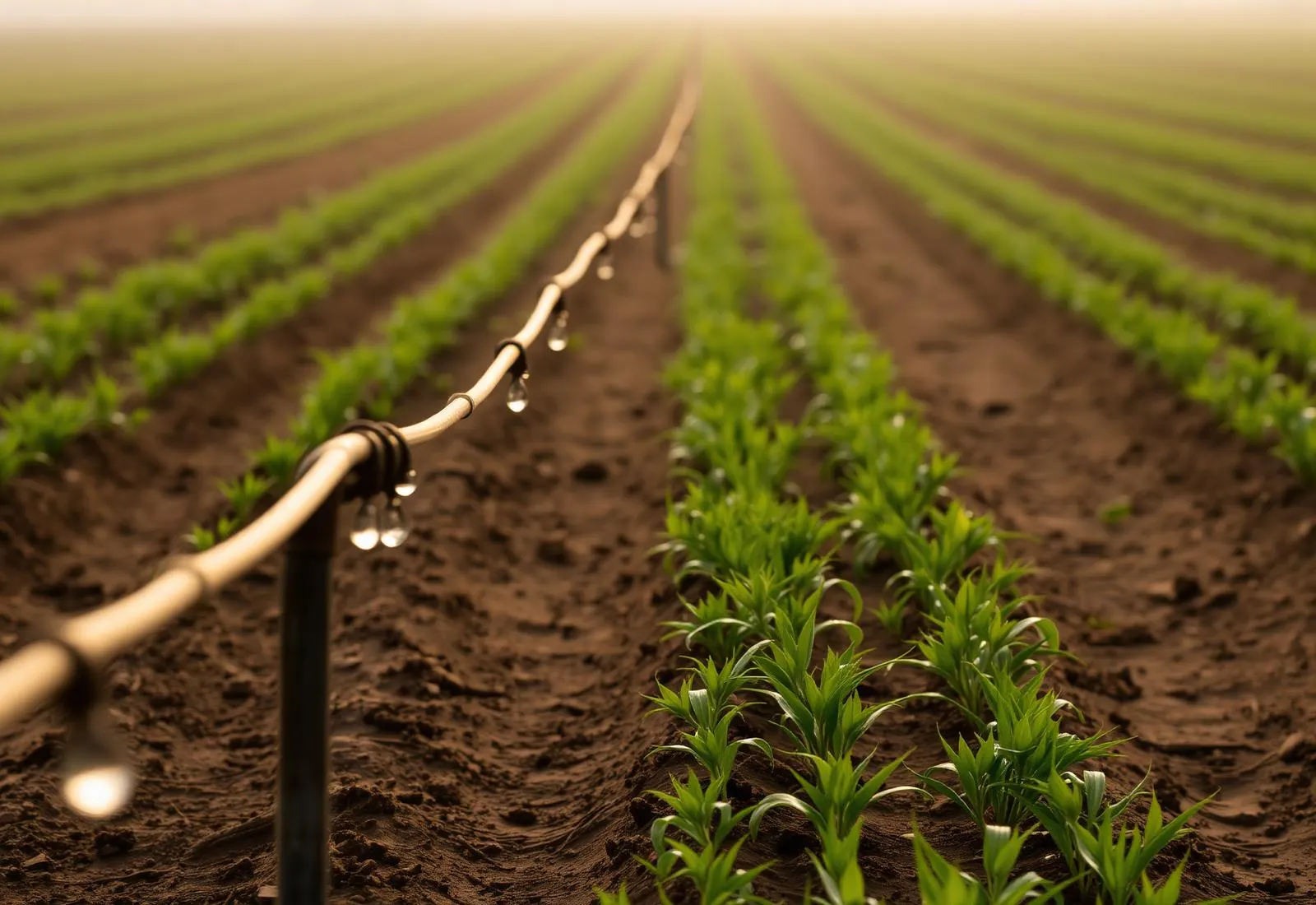 Drip irrigation lines running along young crop rows in Indian farmland