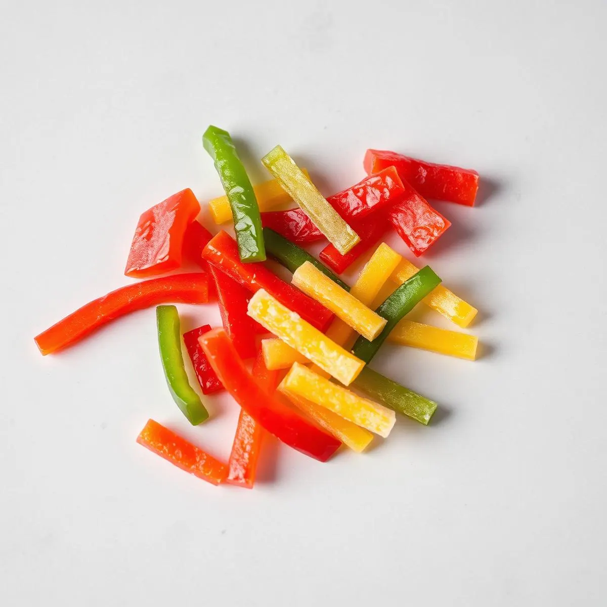 Individually quick frozen red, green and yellow capsicum strips