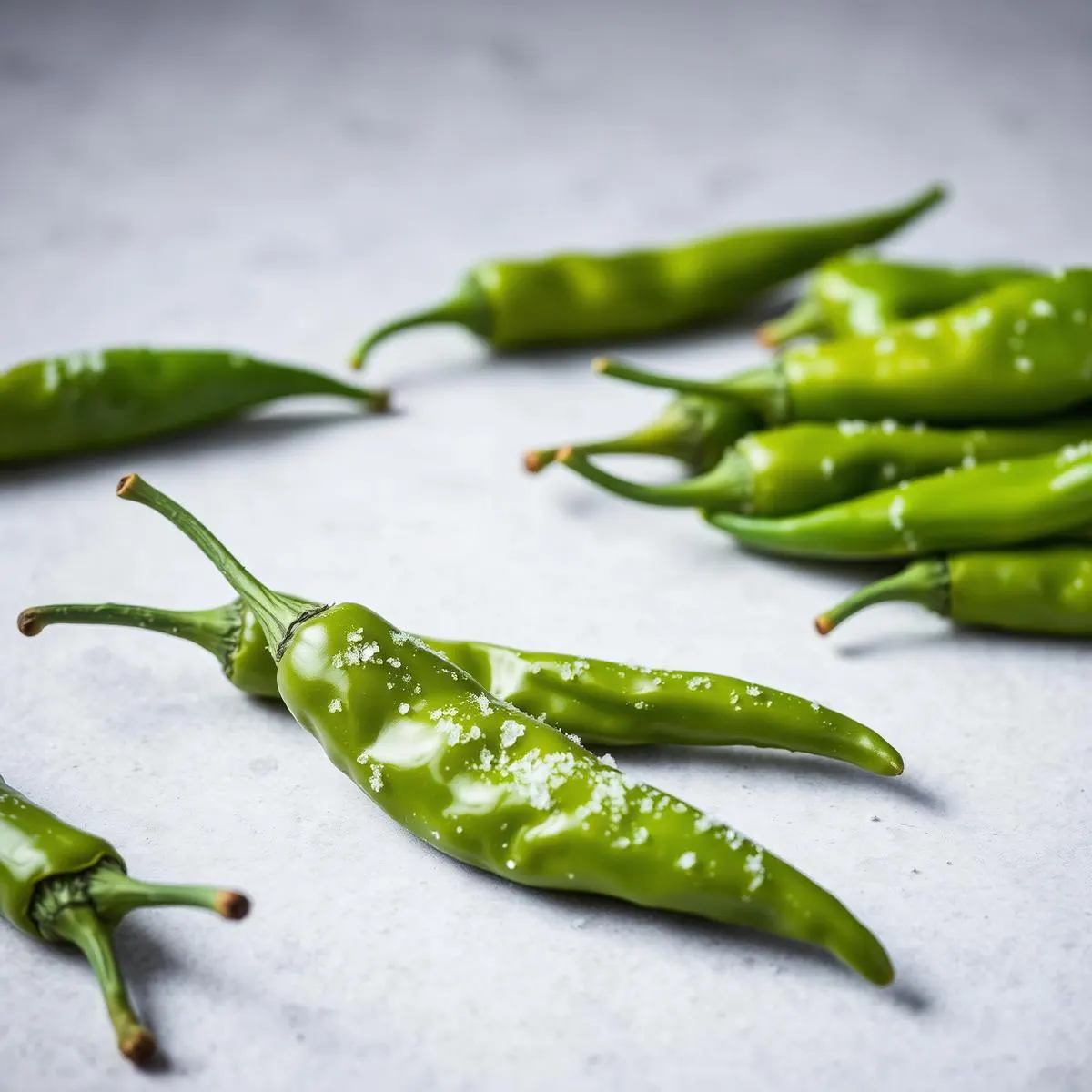 Individually quick frozen green chilli peppers with light frost