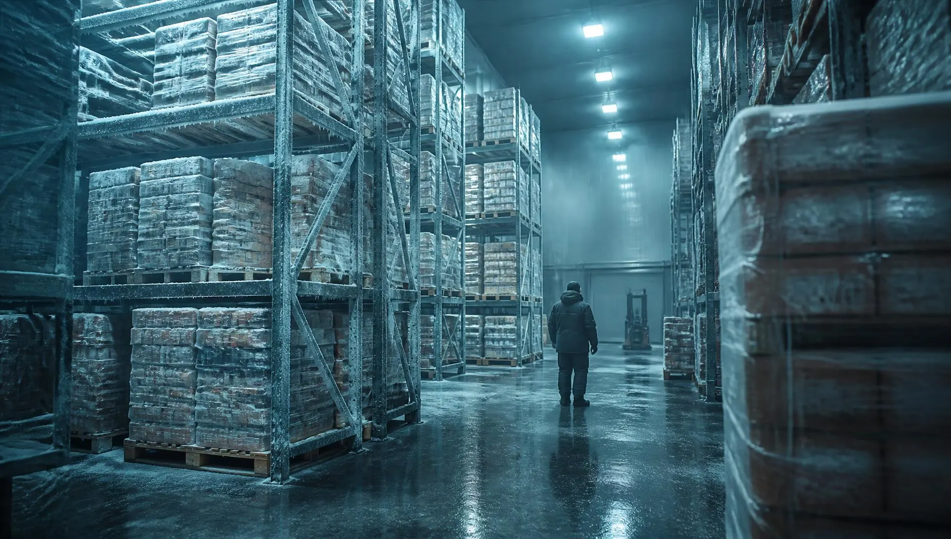 Pallets of frozen produce stacked inside an industrial cold store