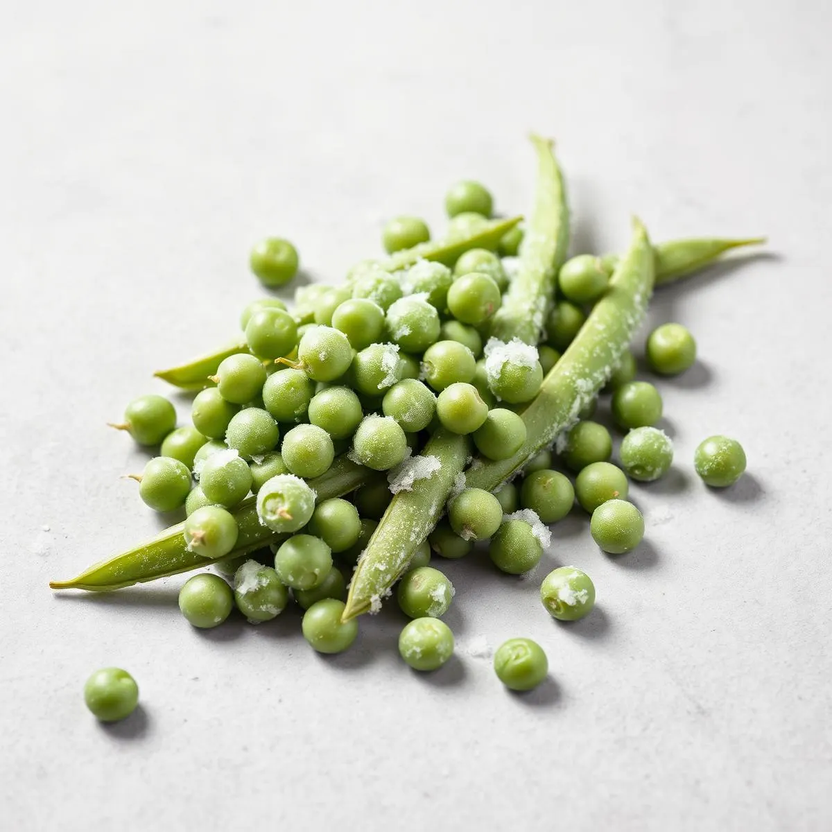 Free-flowing individually quick frozen green peas with light frost