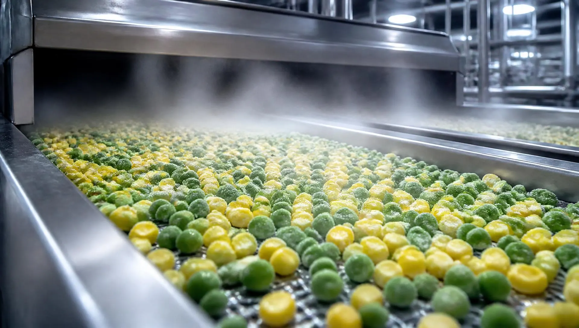 Individually quick frozen peas and sweet corn moving along a stainless steel freezing line