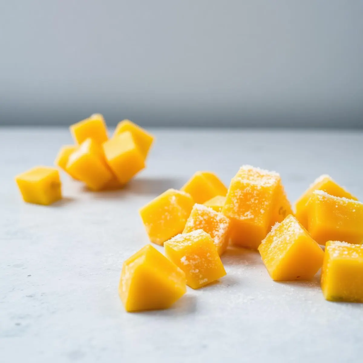 Individually quick frozen mango chunks with light frost