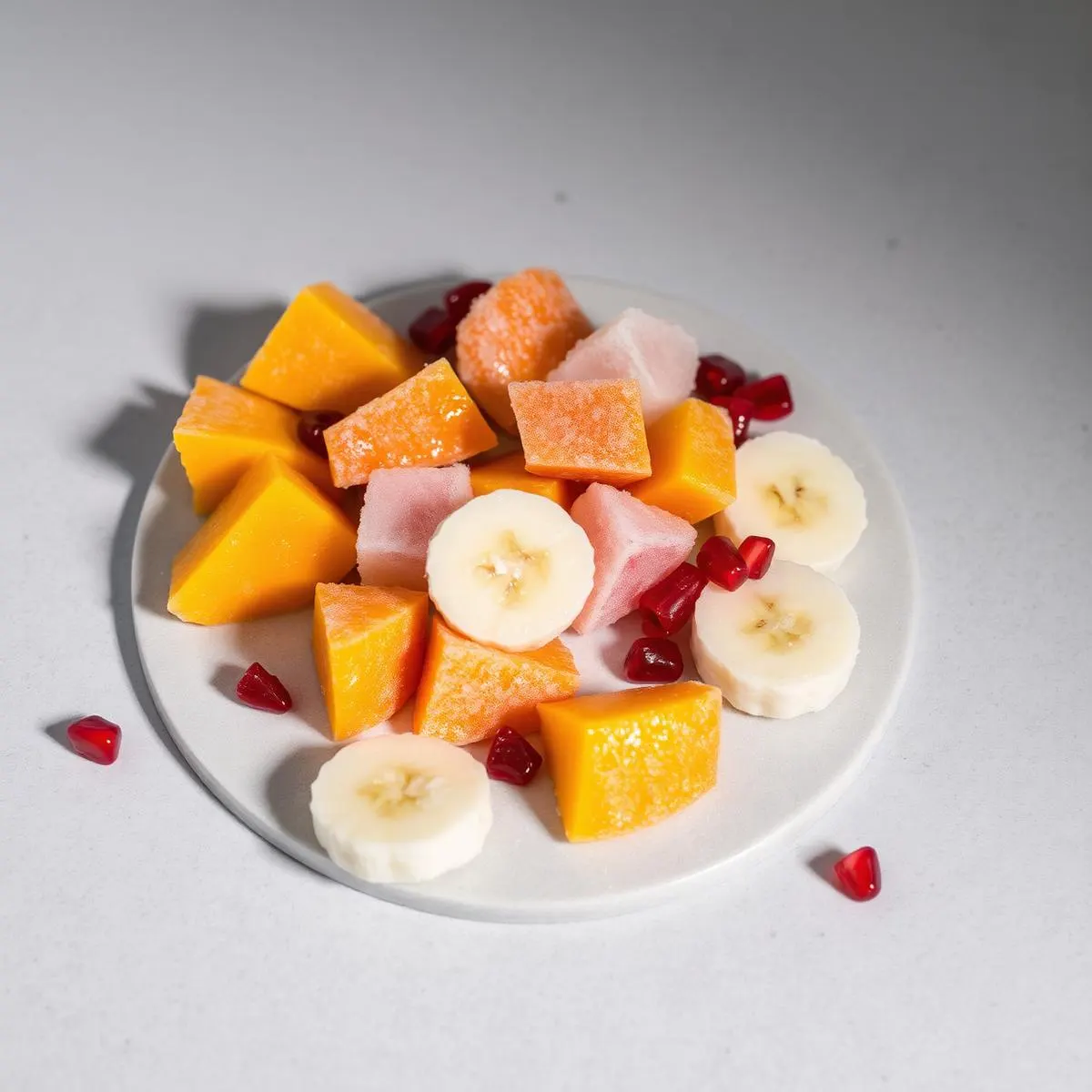 A mix of individually quick frozen fruit pieces including mango, papaya and banana