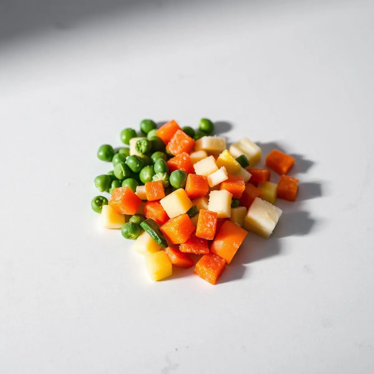 A mix of individually quick frozen vegetables including peas, corn and diced carrot