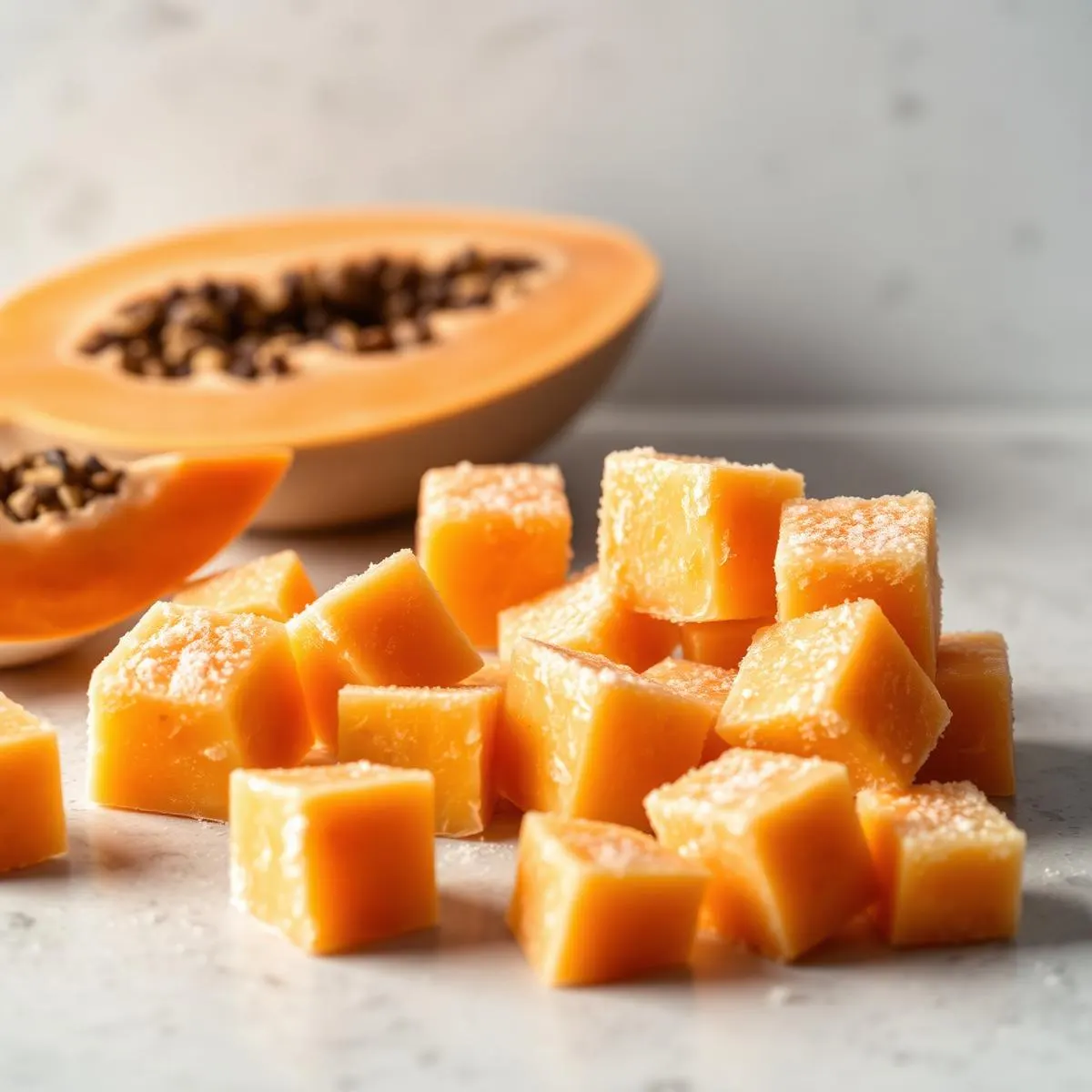 Individually quick frozen papaya cubes with light frost
