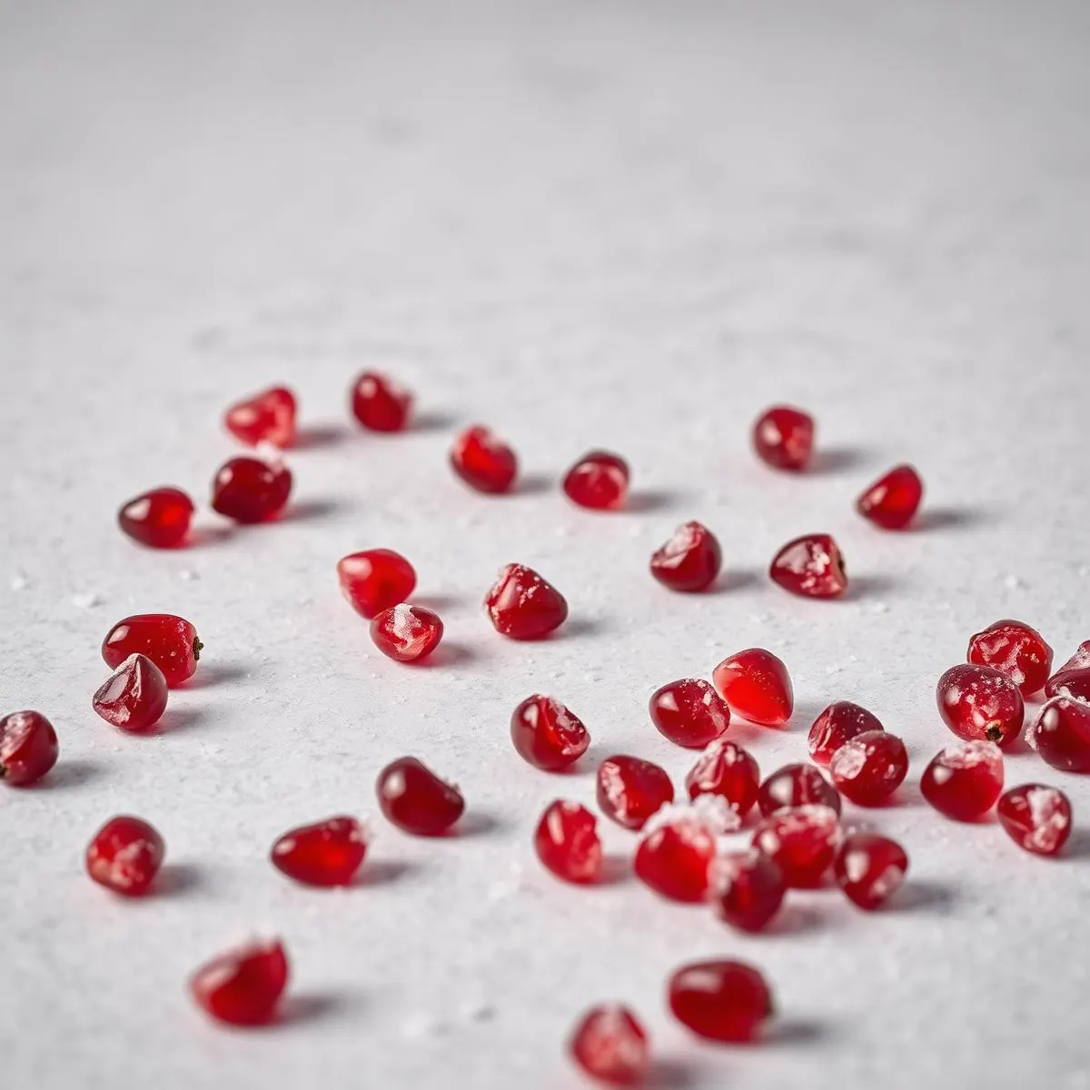 Individually quick frozen pomegranate arils with light frost on a pale surface