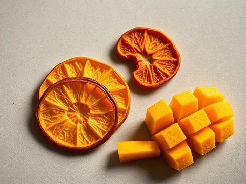 Dried fruit slices and dehydrated mango pieces on a neutral surface