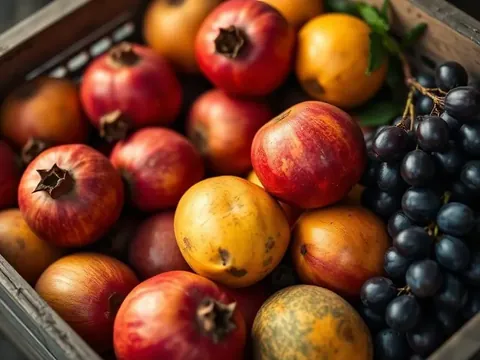 Freshly harvested pomegranates, mangoes and grapes in a wooden crate