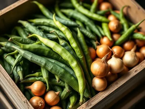 Okra, green chillies and onions packed in a crate
