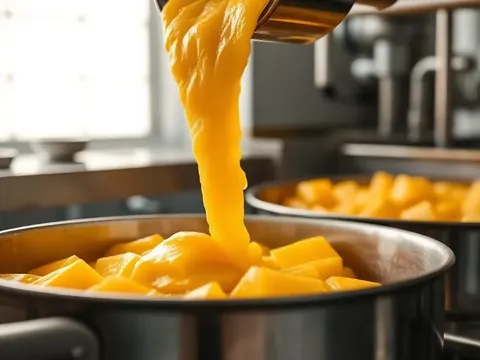 Golden mango pulp being poured into a stainless steel vessel