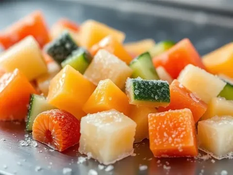 Individually quick frozen fruit and vegetable pieces with frost crystals