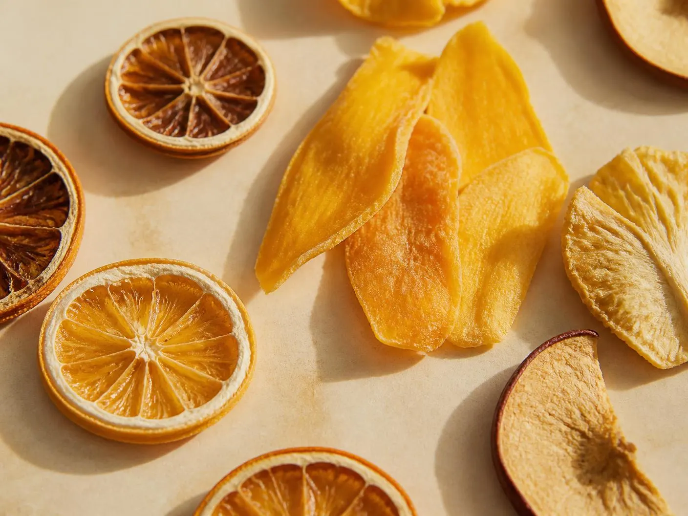 Dried fruit slices and dehydrated mango pieces arranged on a warm ivory surface