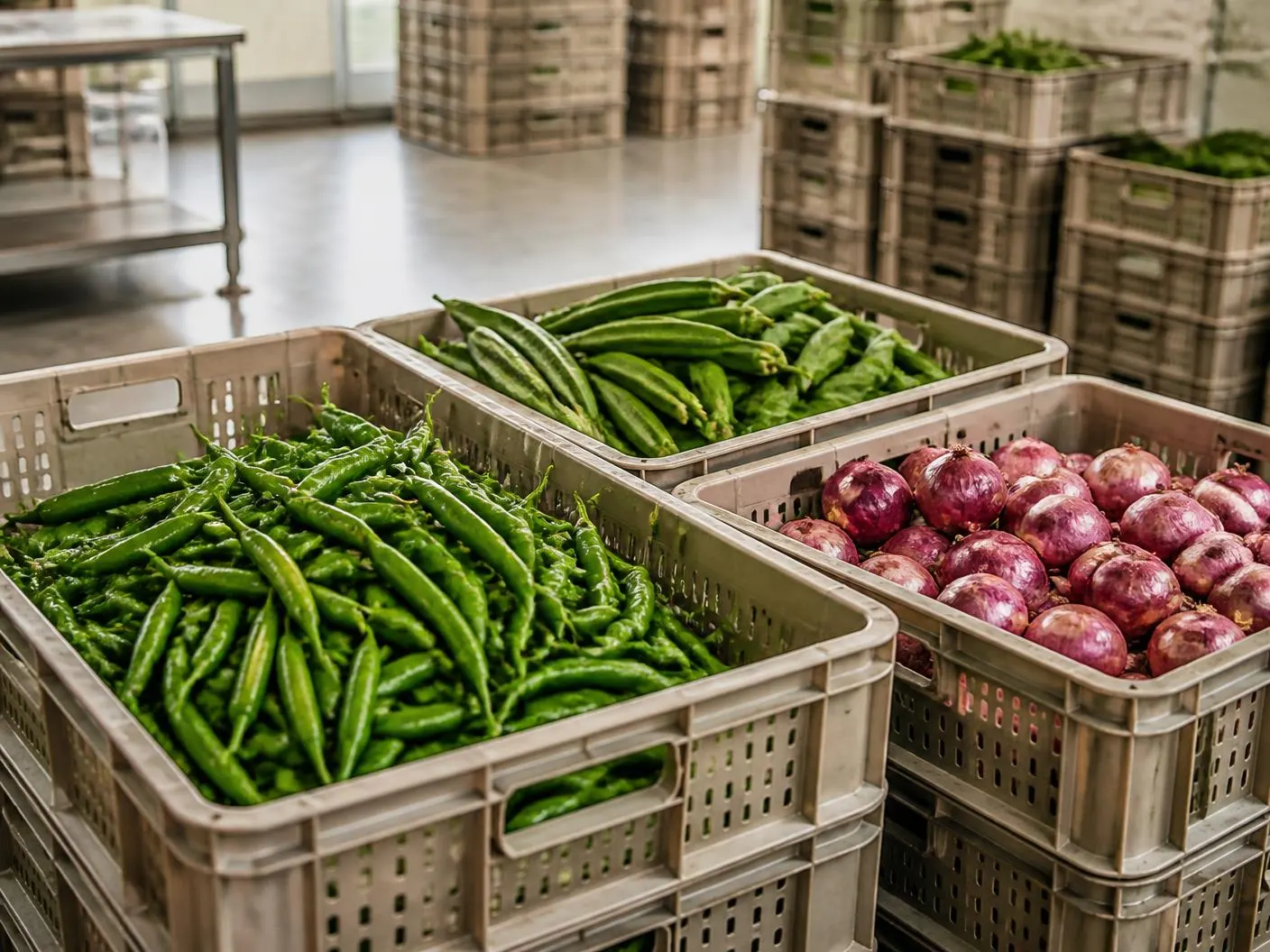 Crates of green chillies, okra and red onions staged inside a clean packhouse