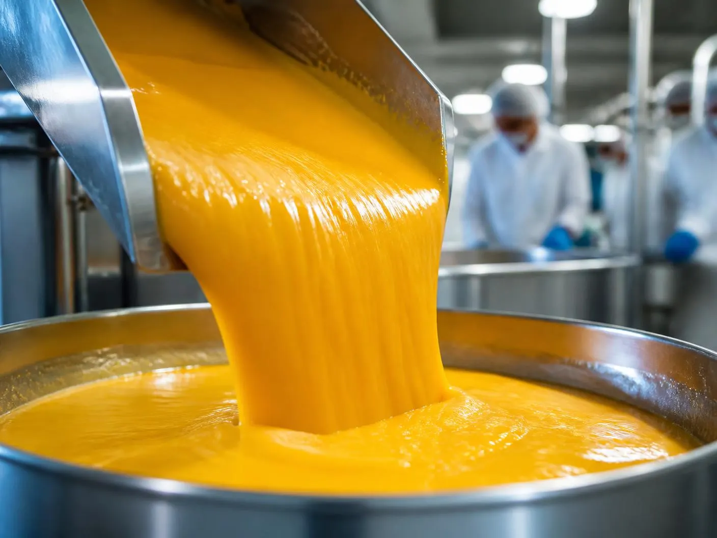 Golden mango pulp pouring into a stainless steel vessel inside a food processing plant