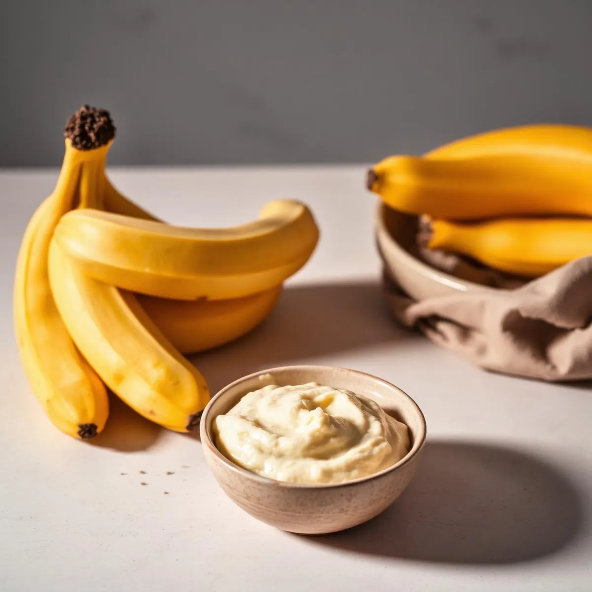Creamy banana pulp in a ceramic bowl beside ripe bananas