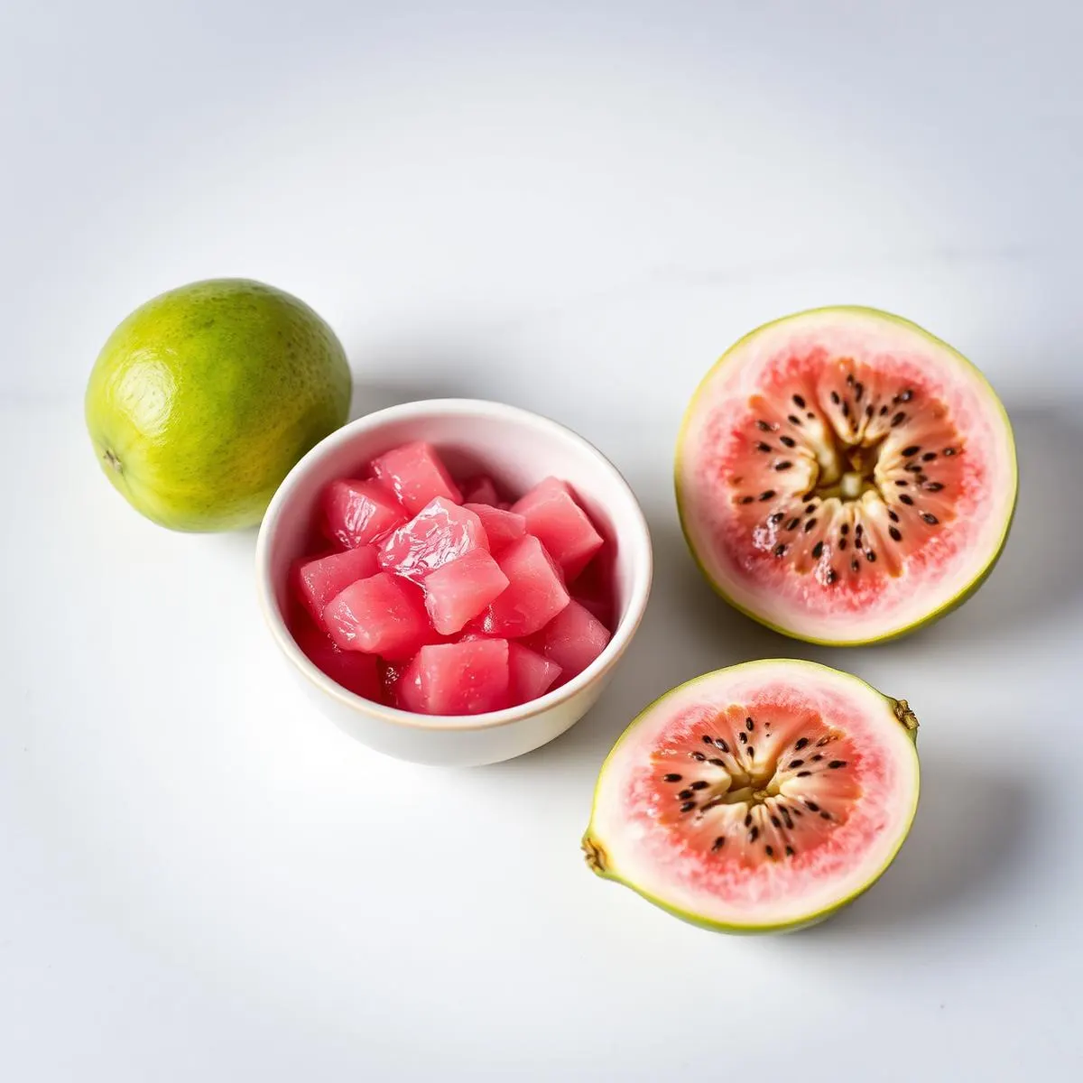 Pink guava pulp in a ceramic bowl beside halved fresh guavas