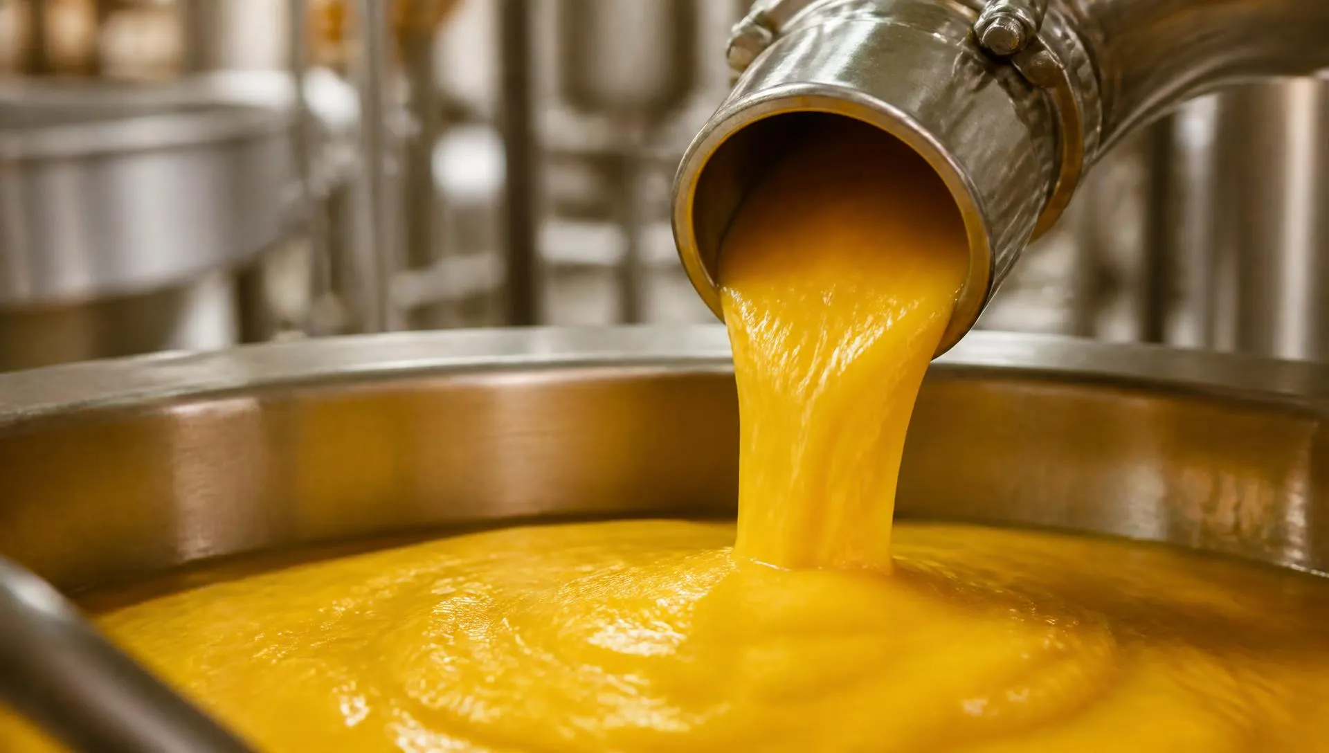 Golden fruit pulp flowing from a stainless steel outlet into a processing vessel