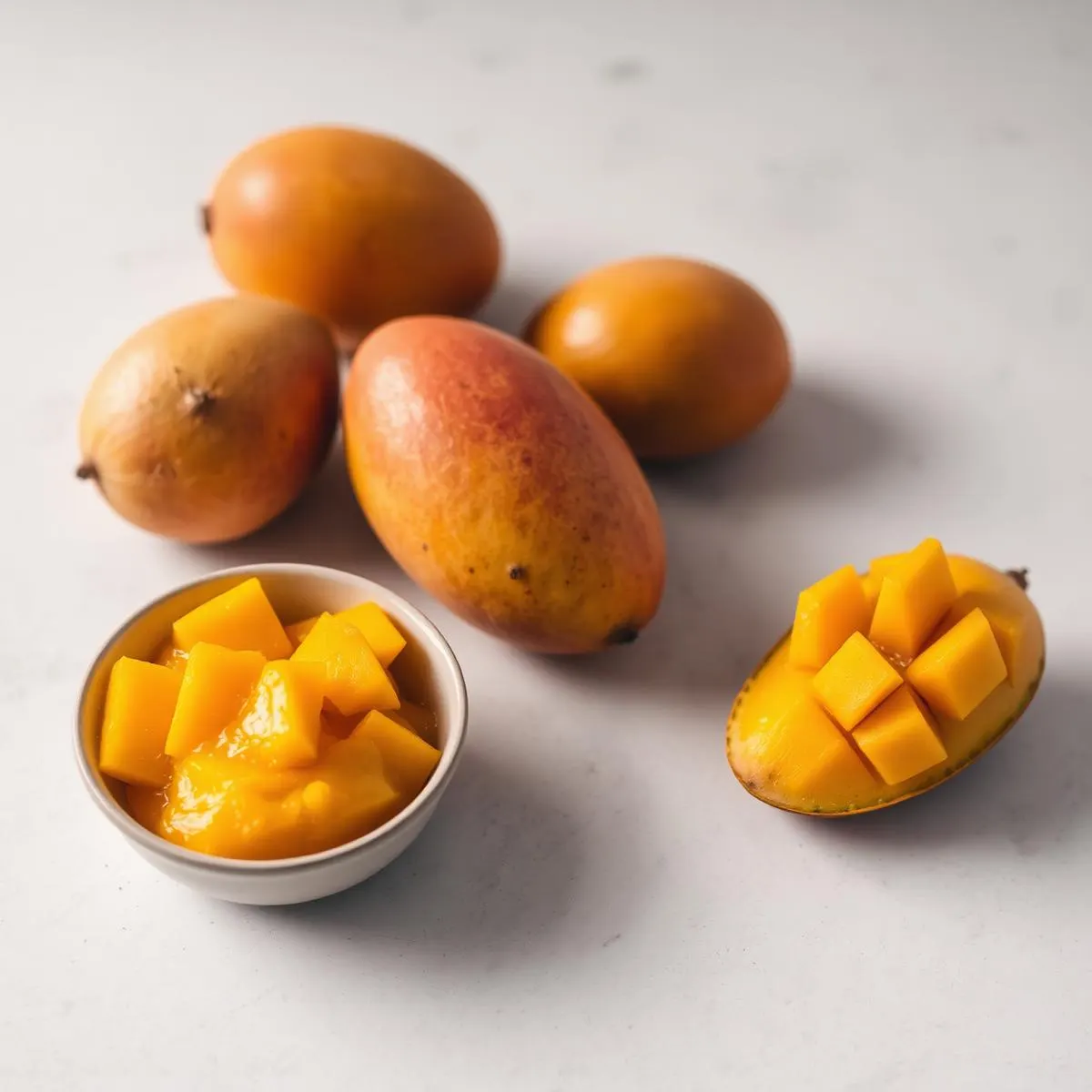 Golden mango pulp in a ceramic bowl beside ripe Indian mangoes