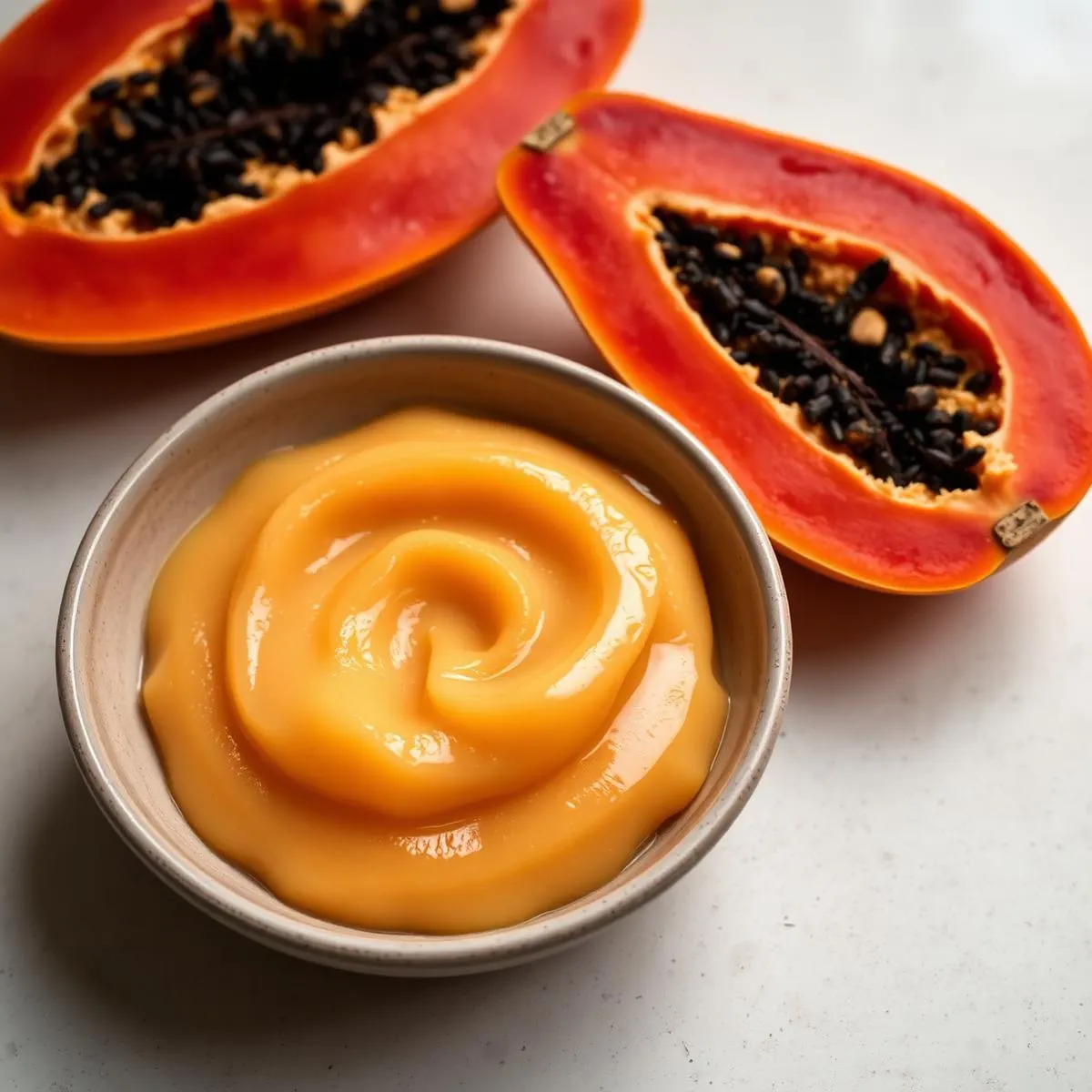 Papaya pulp in a ceramic bowl beside halved ripe papaya