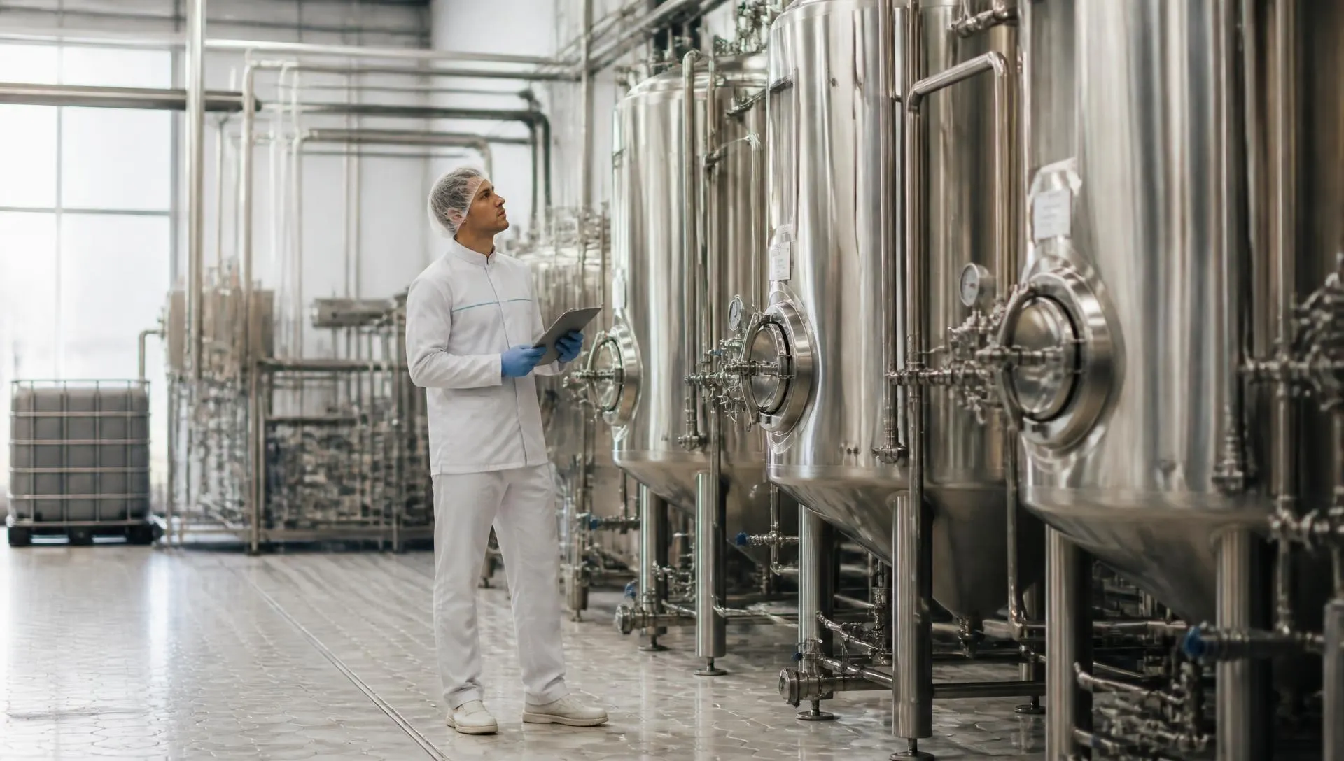 Food processing plant interior with stainless steel tanks and a technician in hygienic uniform