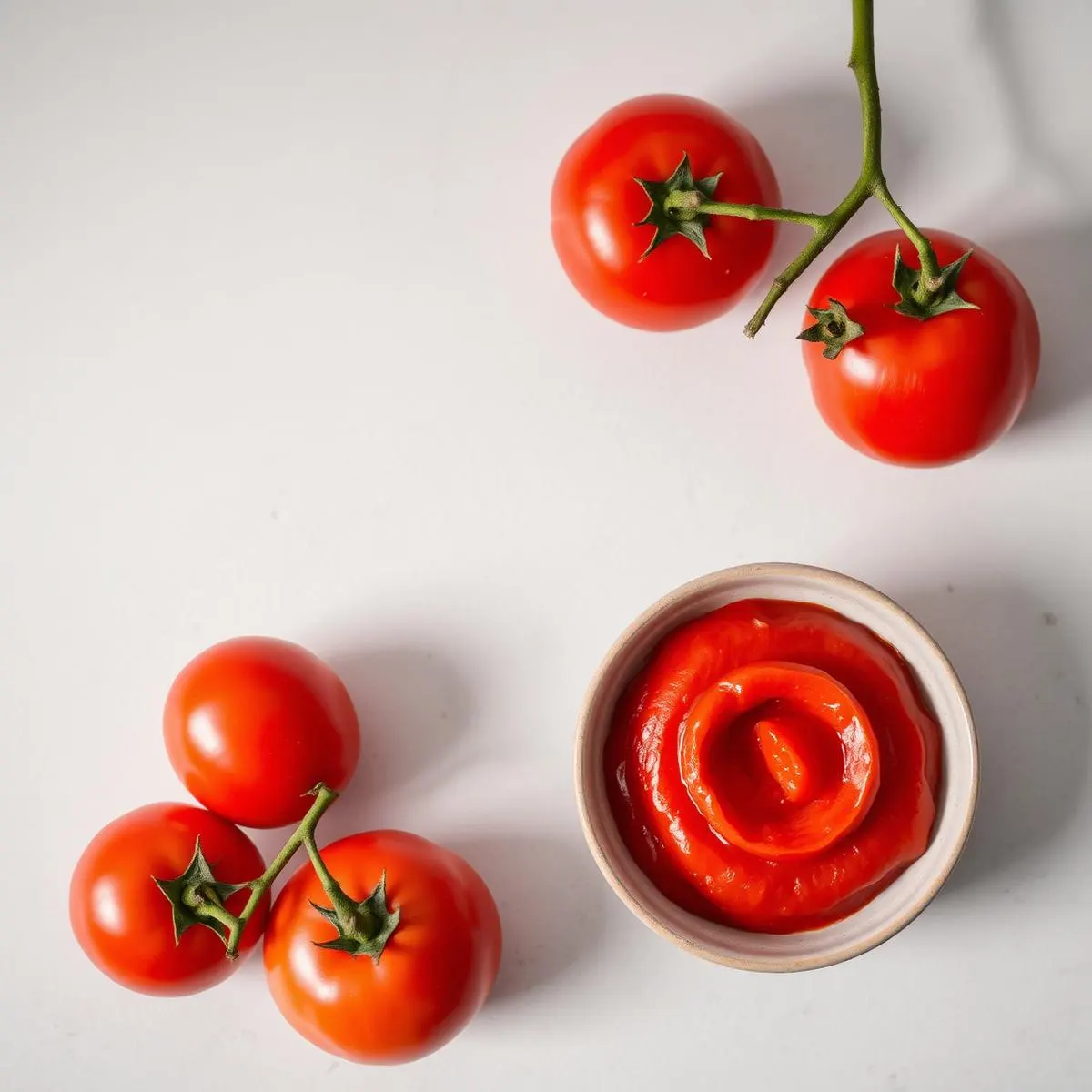 Smooth tomato pulp in a ceramic bowl beside fresh ripe tomatoes