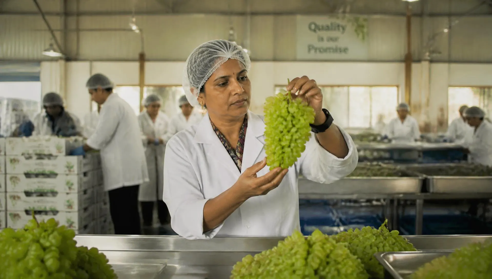 A Neelay Agro quality control inspector in a white coat examining a bunch of grapes inside the pack house